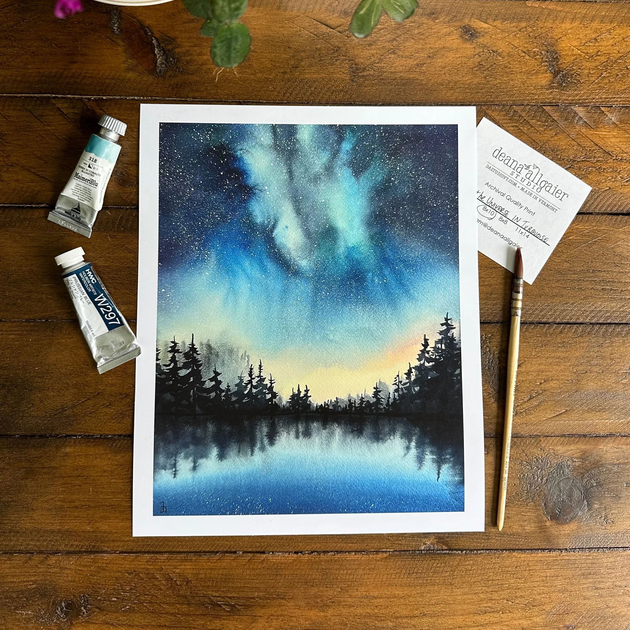 Across The Universe Print by Deana Allgaier 11" x 14" on a wood table at Addison West