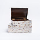 Mother of pearl inlay boxes in two sizes stacked on a white background from Addison West home goods