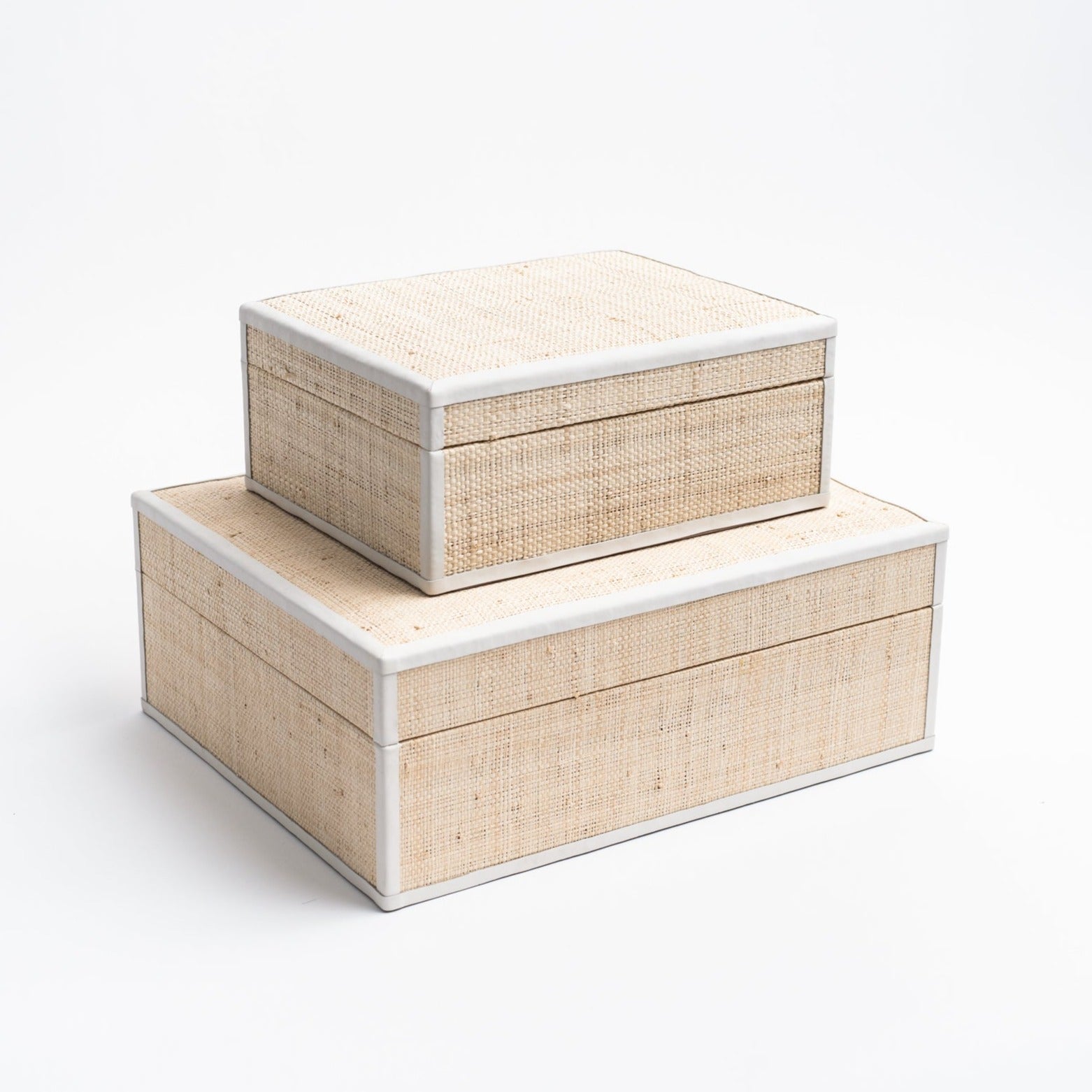 Raffia Box with Leather Trim large and small set on a white background from Addison West