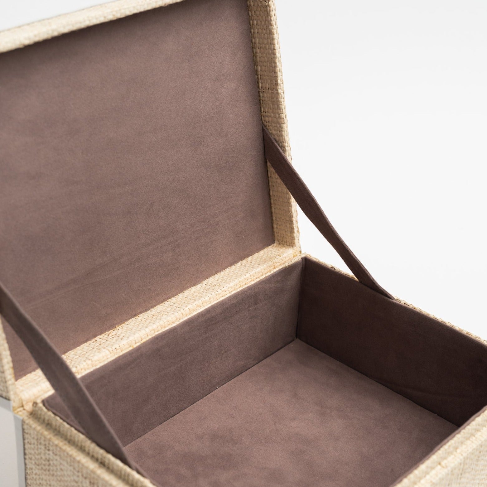 Raffia Box with Leather Trim large open showing inside on a white background from Addison West