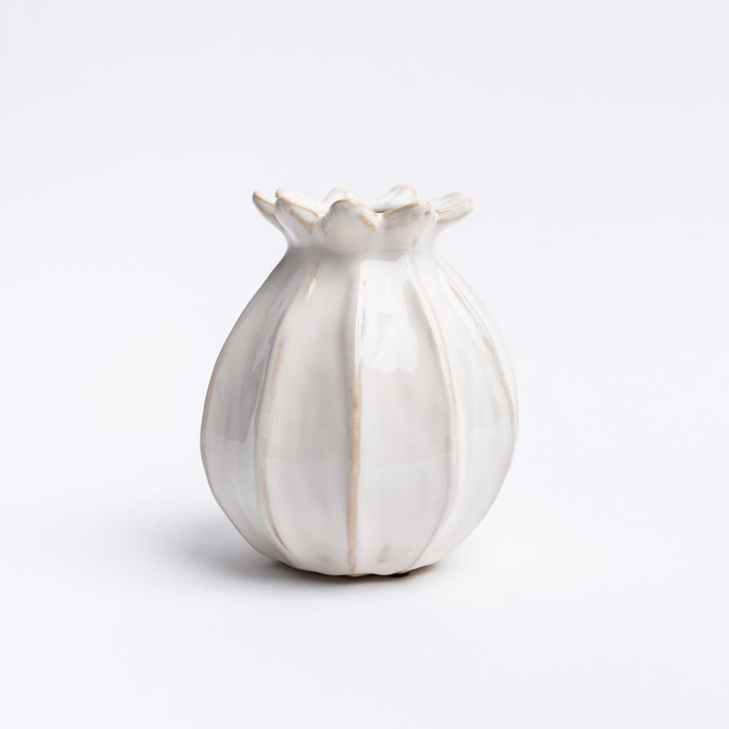 Large sculpted bud vase in white from Addison West home goods on a white background