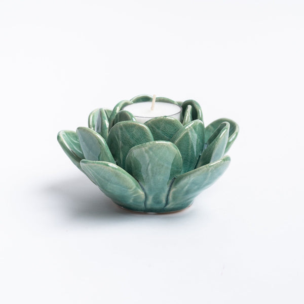 Green succulent tea light holders on a white background