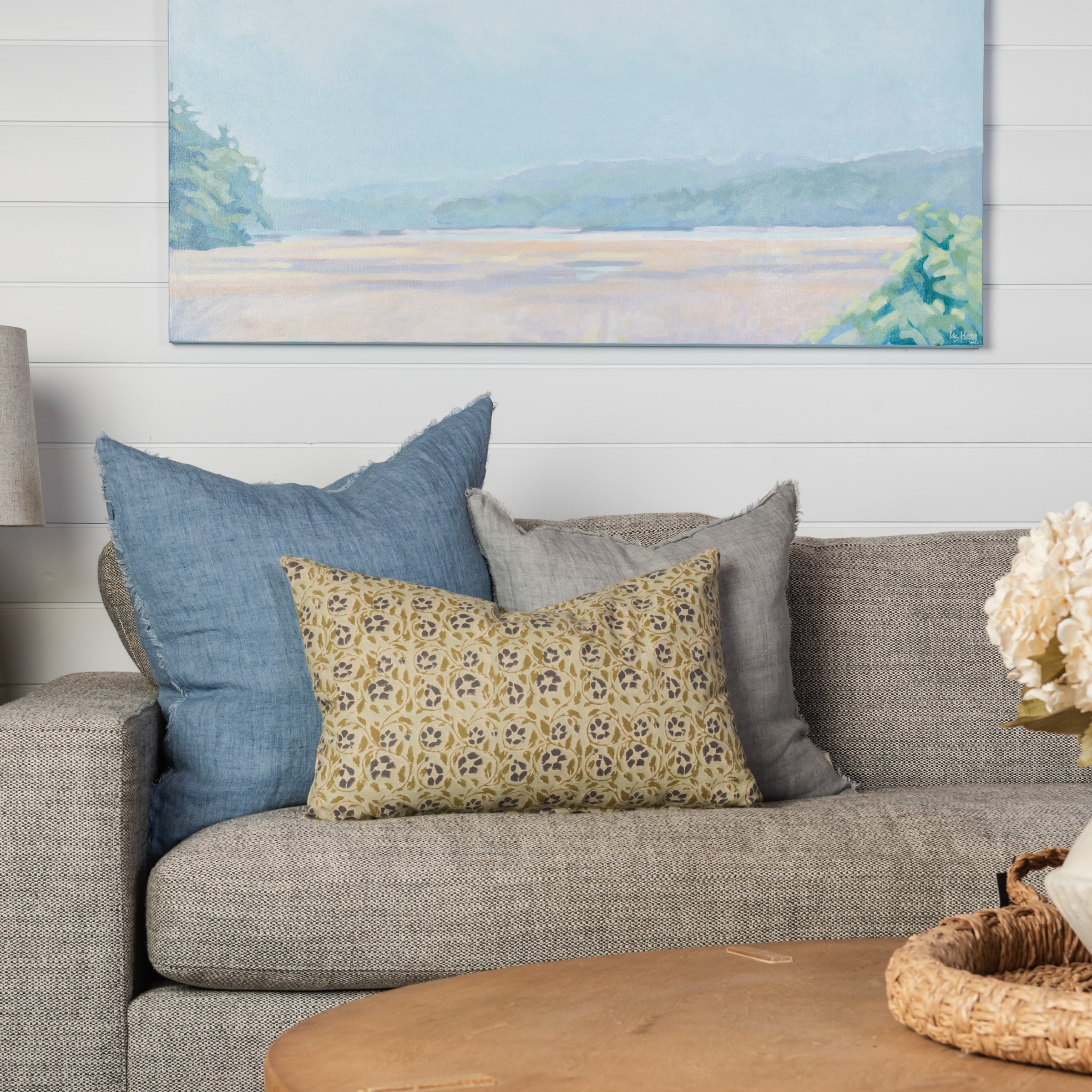 Lina Linen 20" Square Pillow in Grey, Lina Linen 24" Square Pillow in Arctic Blue