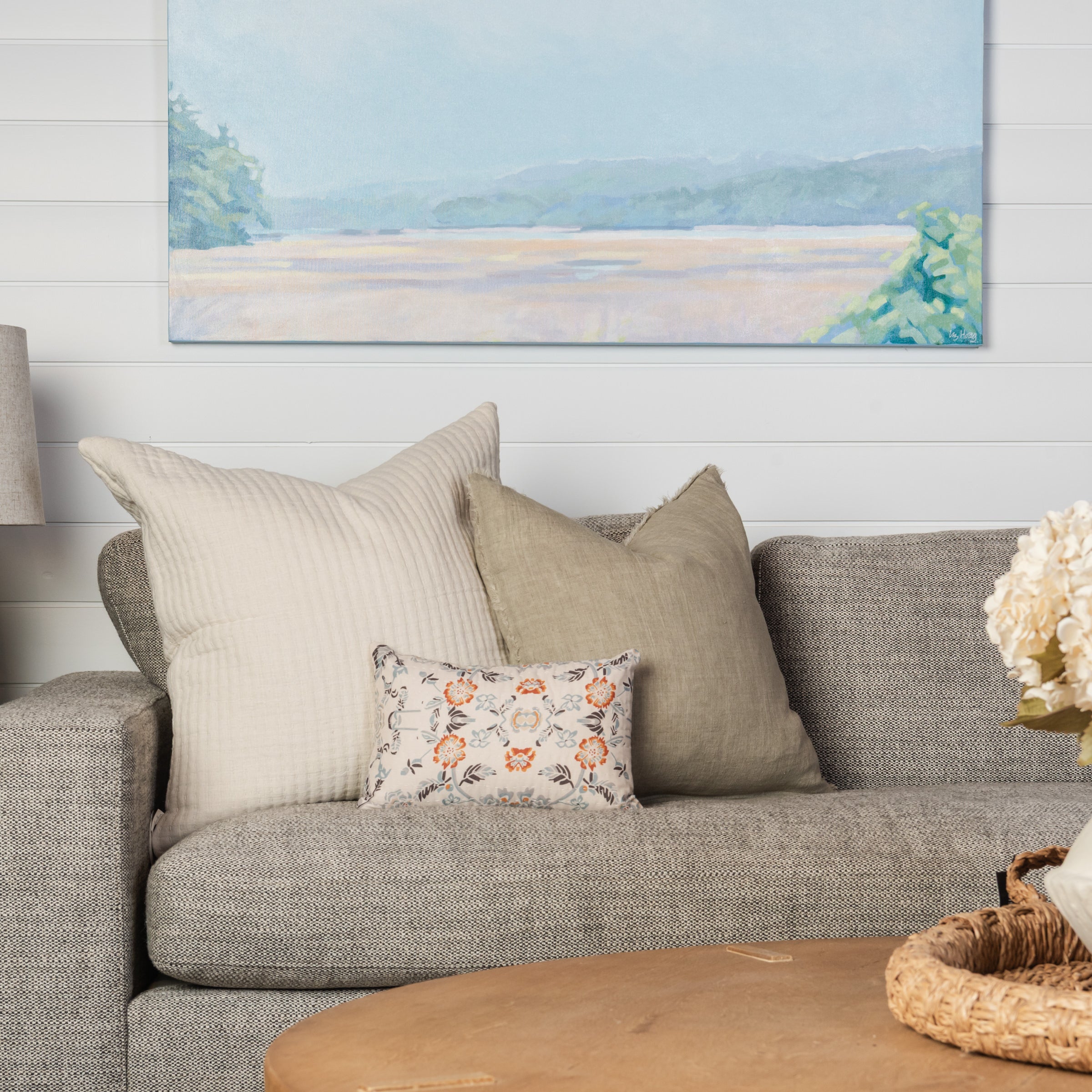 Meadow Lumbar Pillow on a beige sofa at Addison West