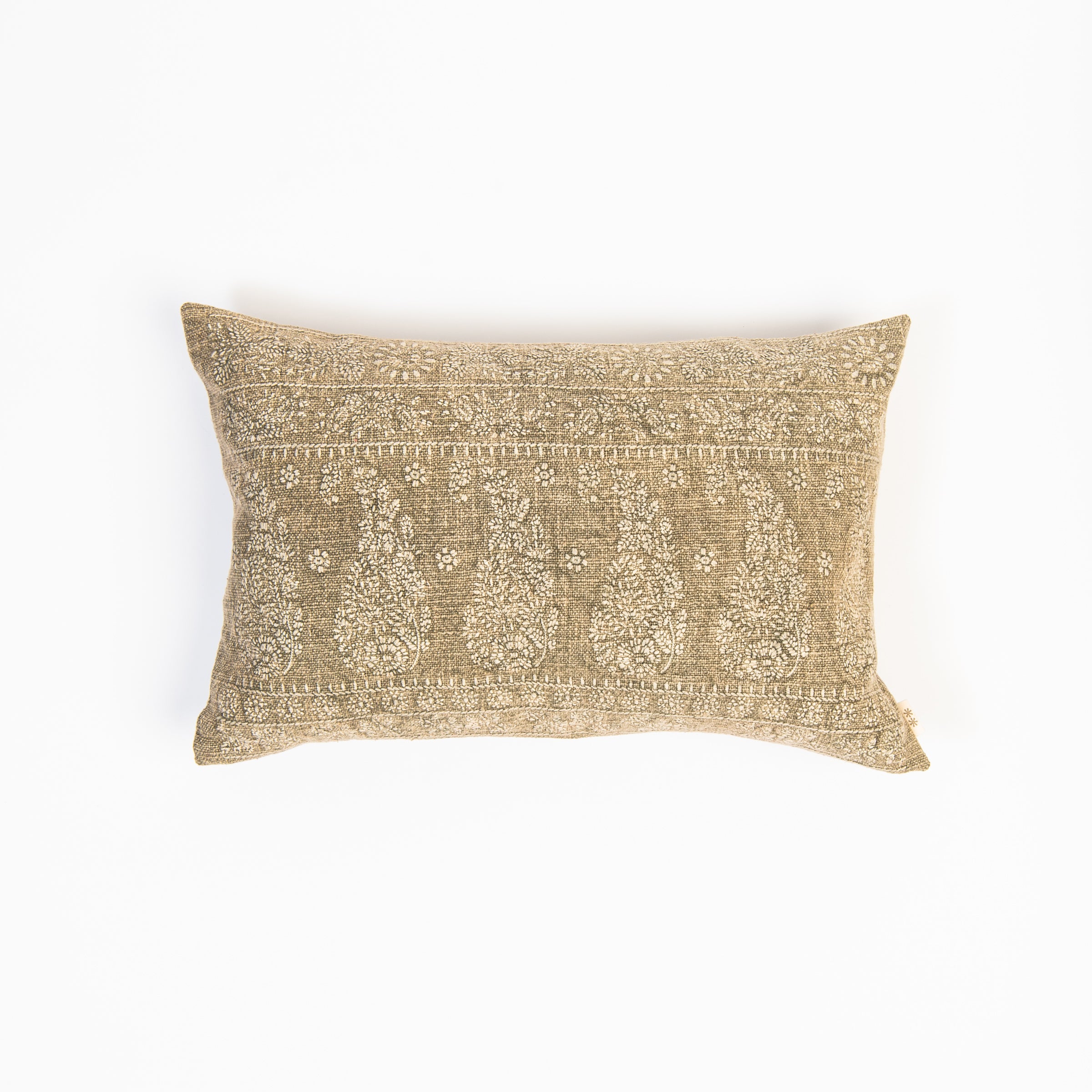 Nisha Lumbar Pillow in Sage on a white background at Addison West