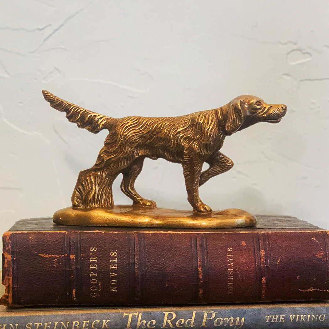 Antiqued Solid Brass Pointer Dog on old books at Addison West