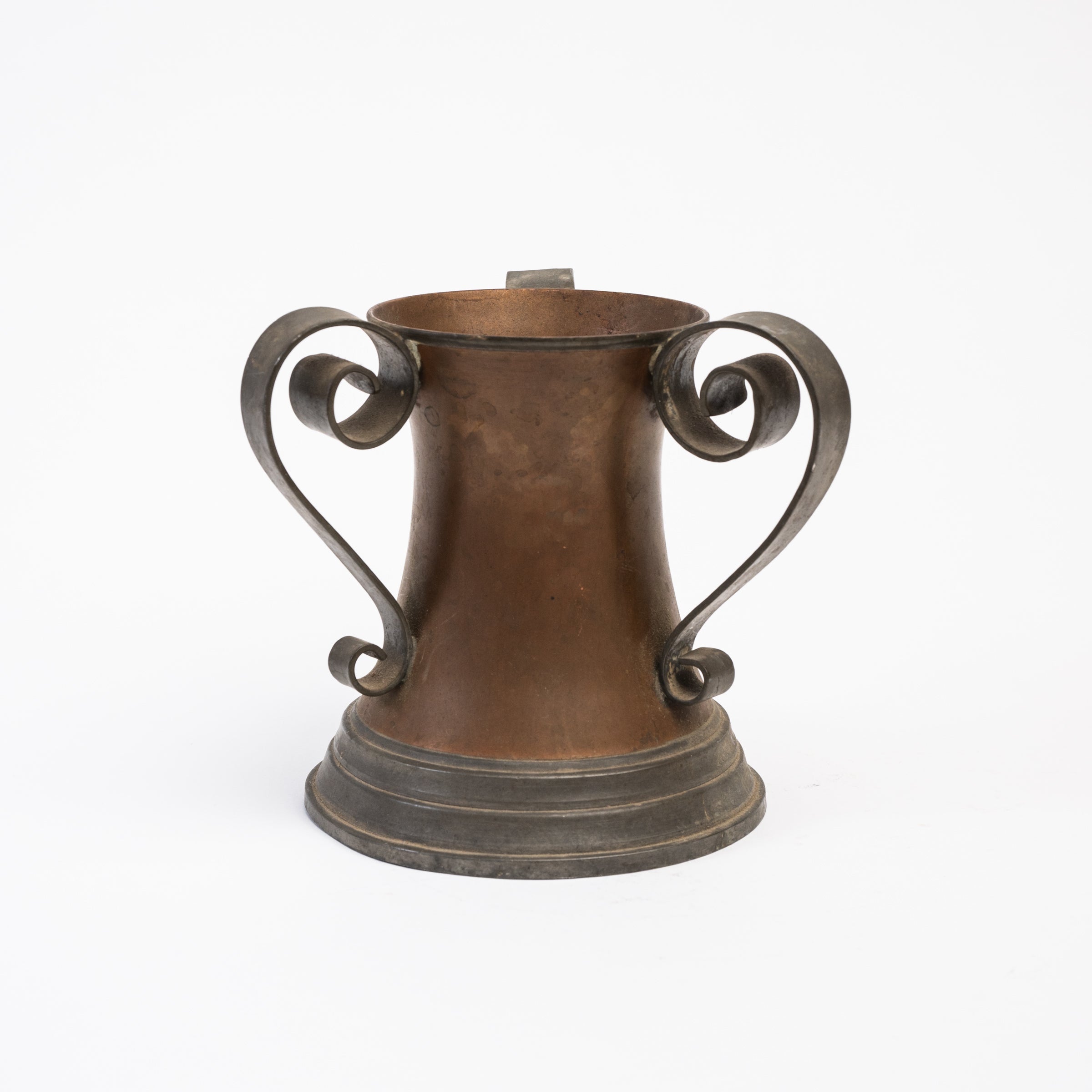 Vintage Copper and Pewter Handled Vessel on a white background at Addison West