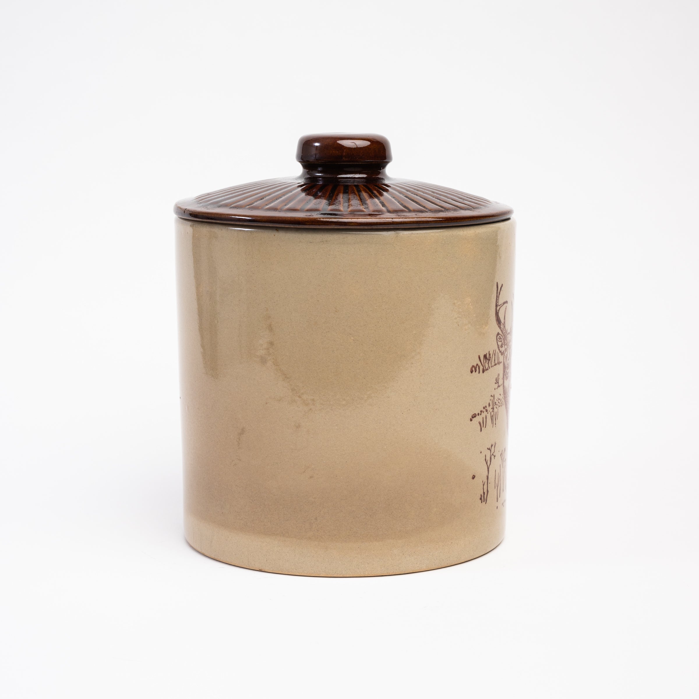 Vintage Stoneware Deer Cooking Jar on a white background at Addison West