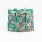 Hand Block Print Tote in Pink Marigold on a white background at Addison West