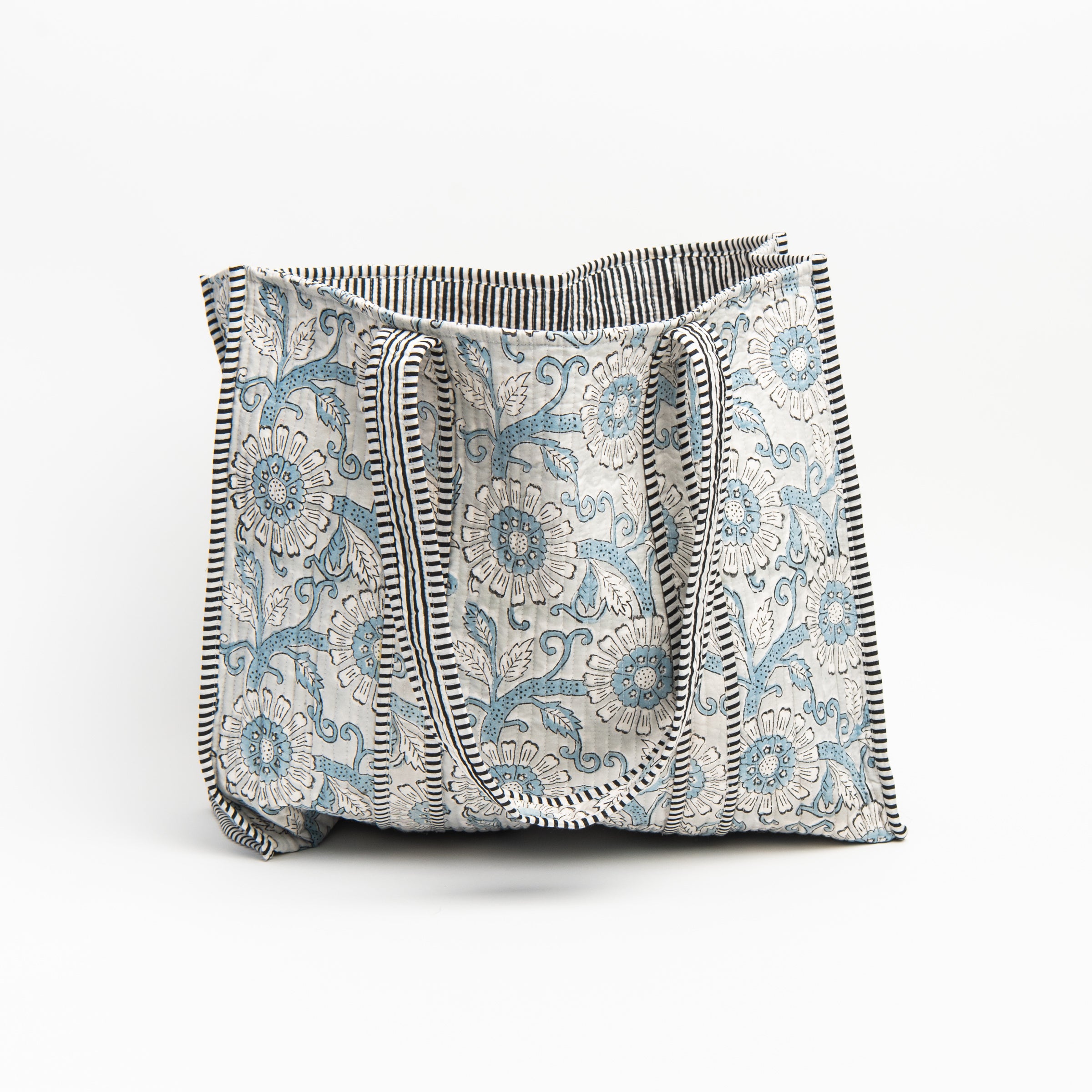 Hand Block Print Tote in Blue Daisy on a white background at Addison West
