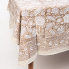 Sable Block Print Tablecloth on a table on a white background at Addison West