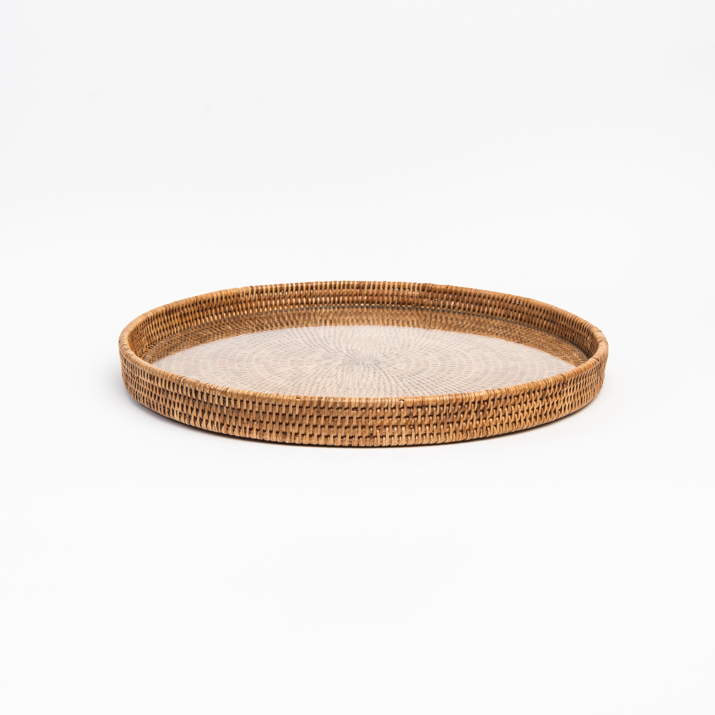 19" Round Rattan Tray with Glass Insert on a white background at Addison West