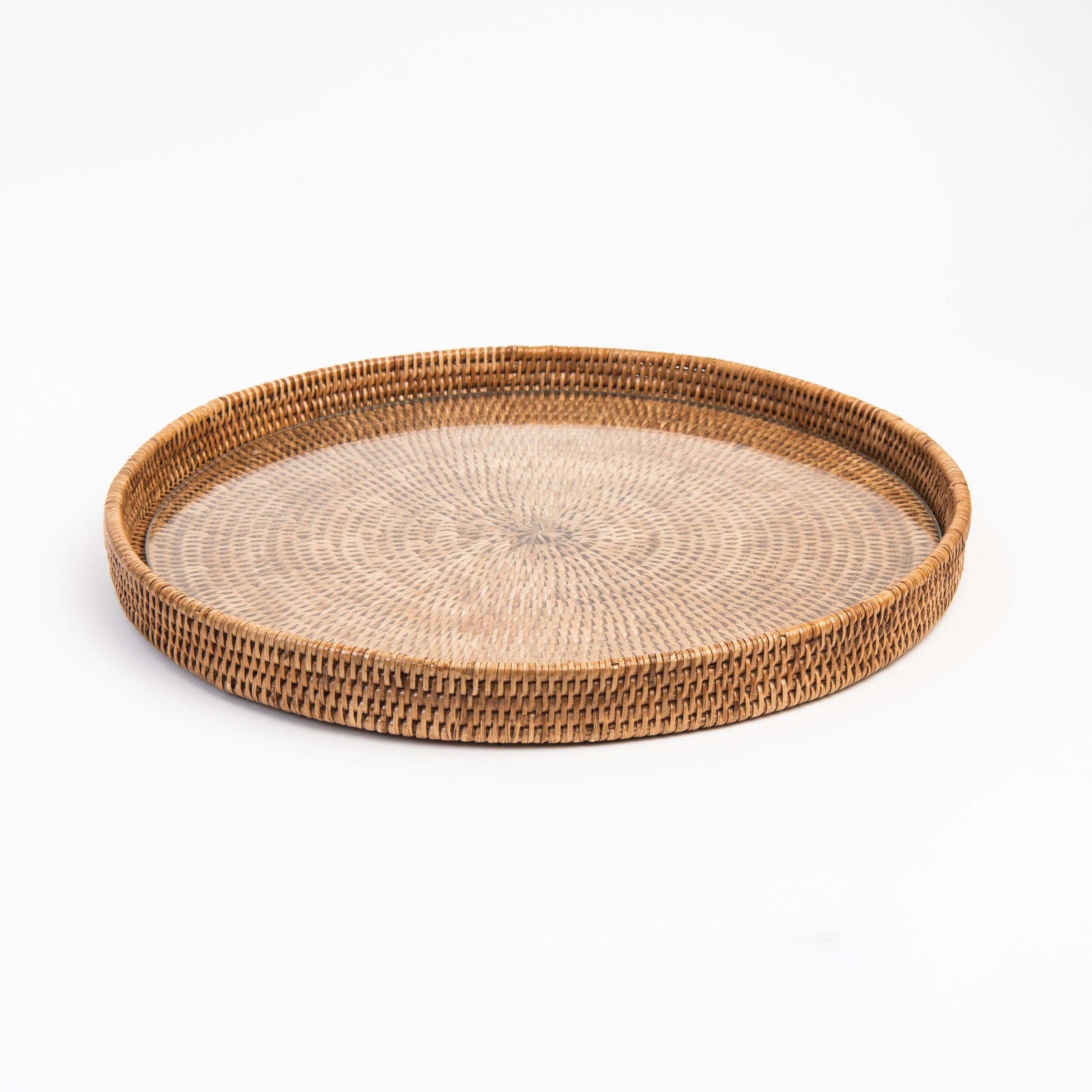 19" Round Rattan Tray with Glass Insert on a white background at Addison West
