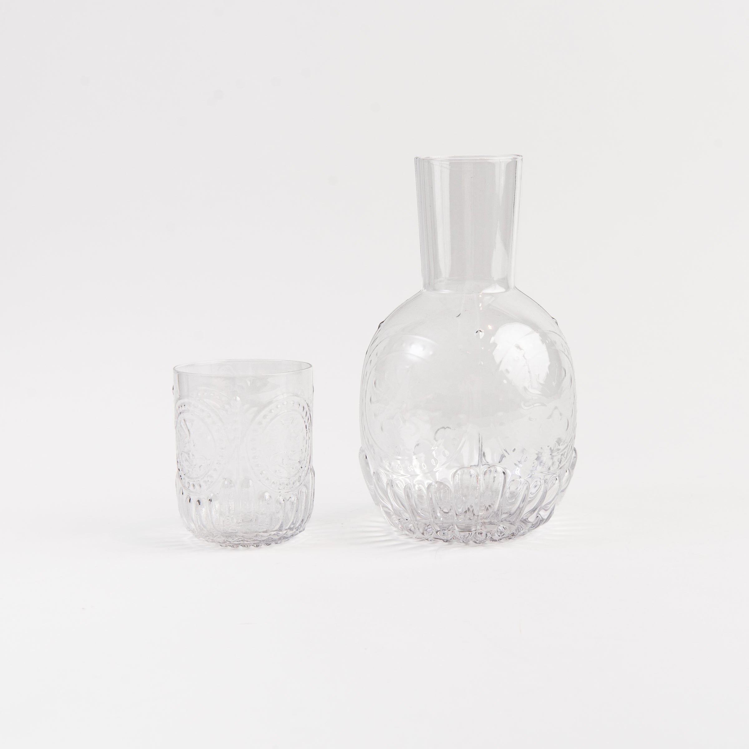 Emily Embossed Glass Carafe and Cup Set on a white background at Addison West