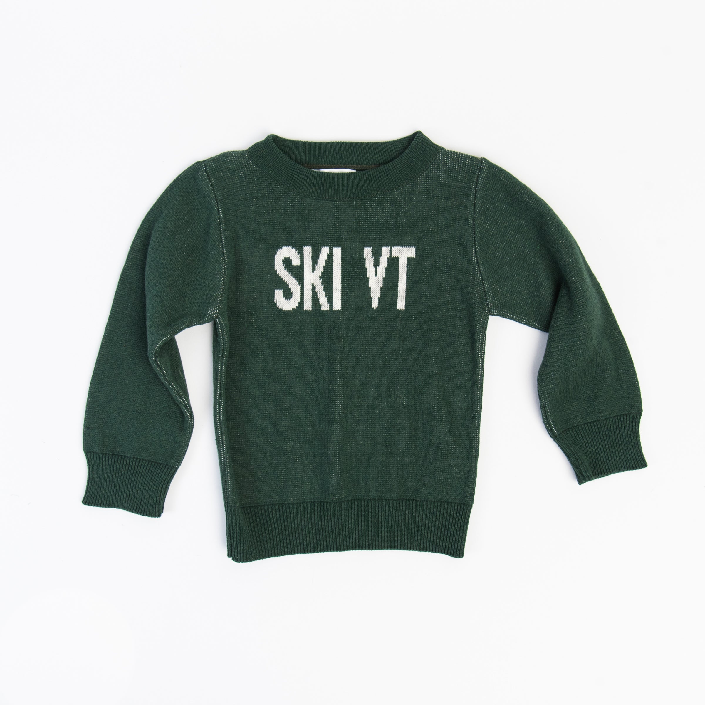 Kids "SKI VT" Sweater in Hunter Green on a white background at Addison West