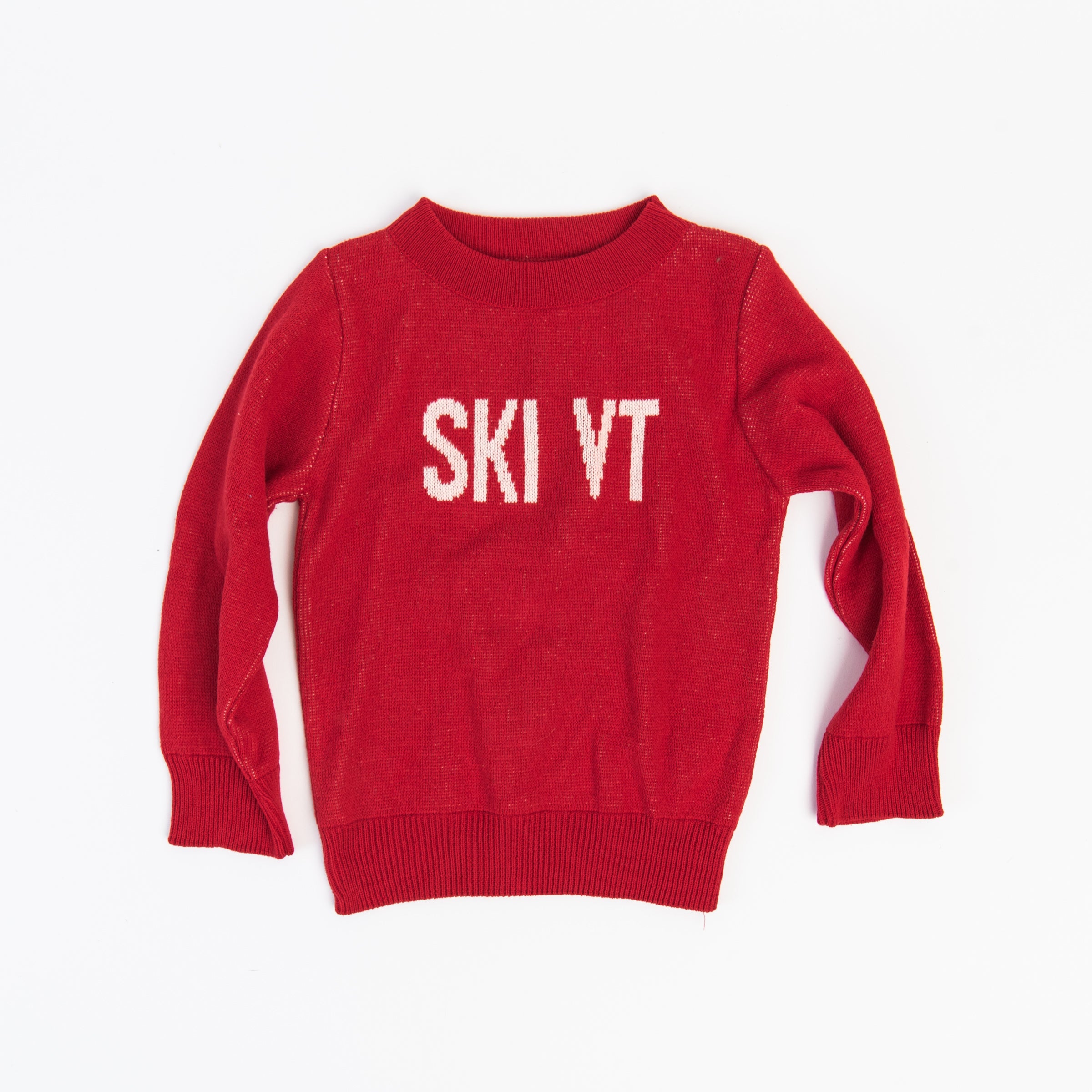 Kids "SKI VT" Sweater in Red on a white background at Addison West