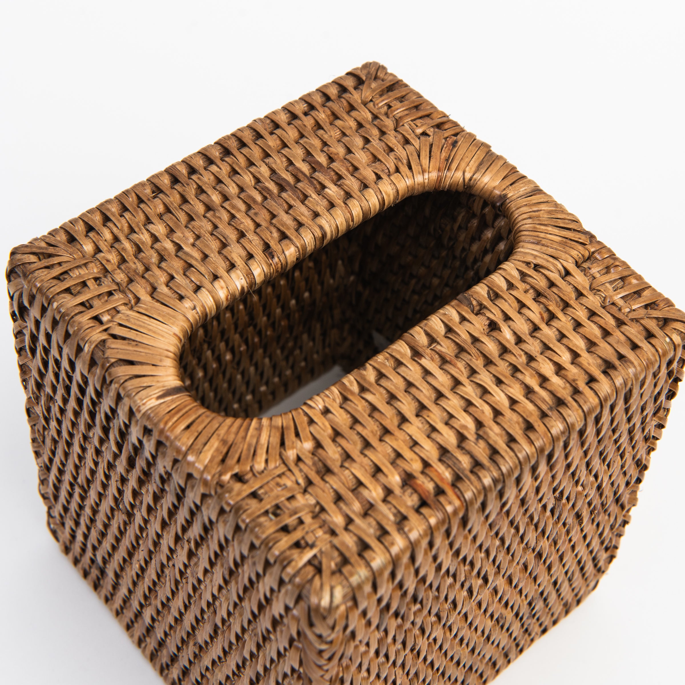 Close up of Rattan Tissue Box Cover on a white background at Addison West