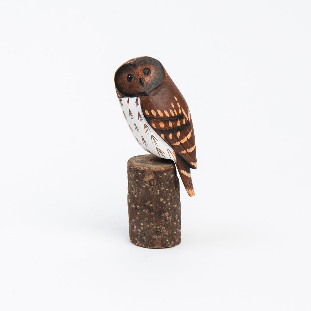 Mini Barred Owl Hand Carved Sculpture on a white background at Addison West