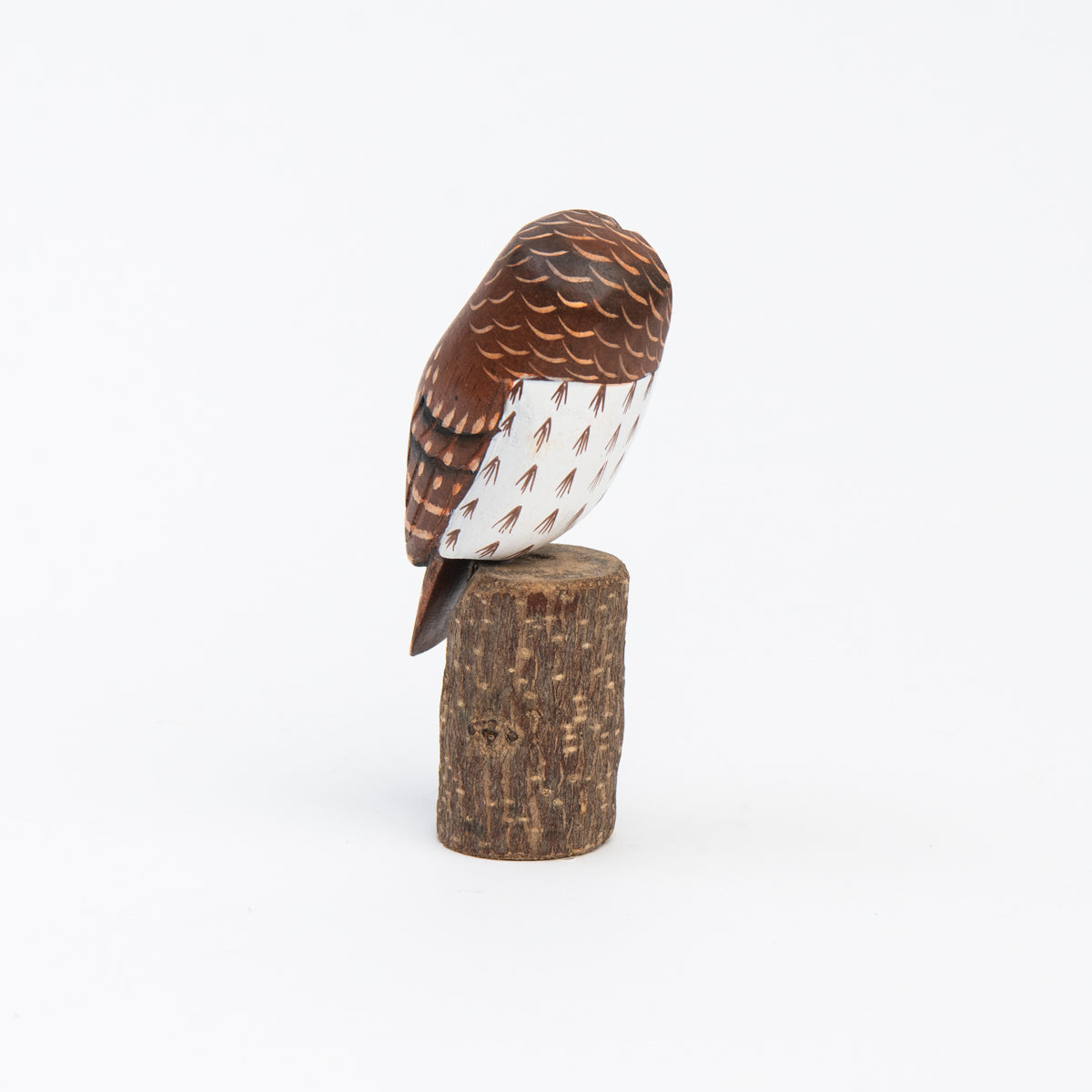 Mini Barred Owl Hand Carved Ornament on a white background at Addison West