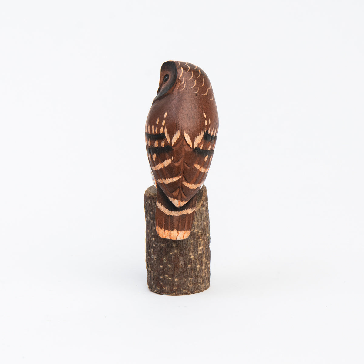 Mini Barred Owl Hand Carved Ornament on a white background at Addison West