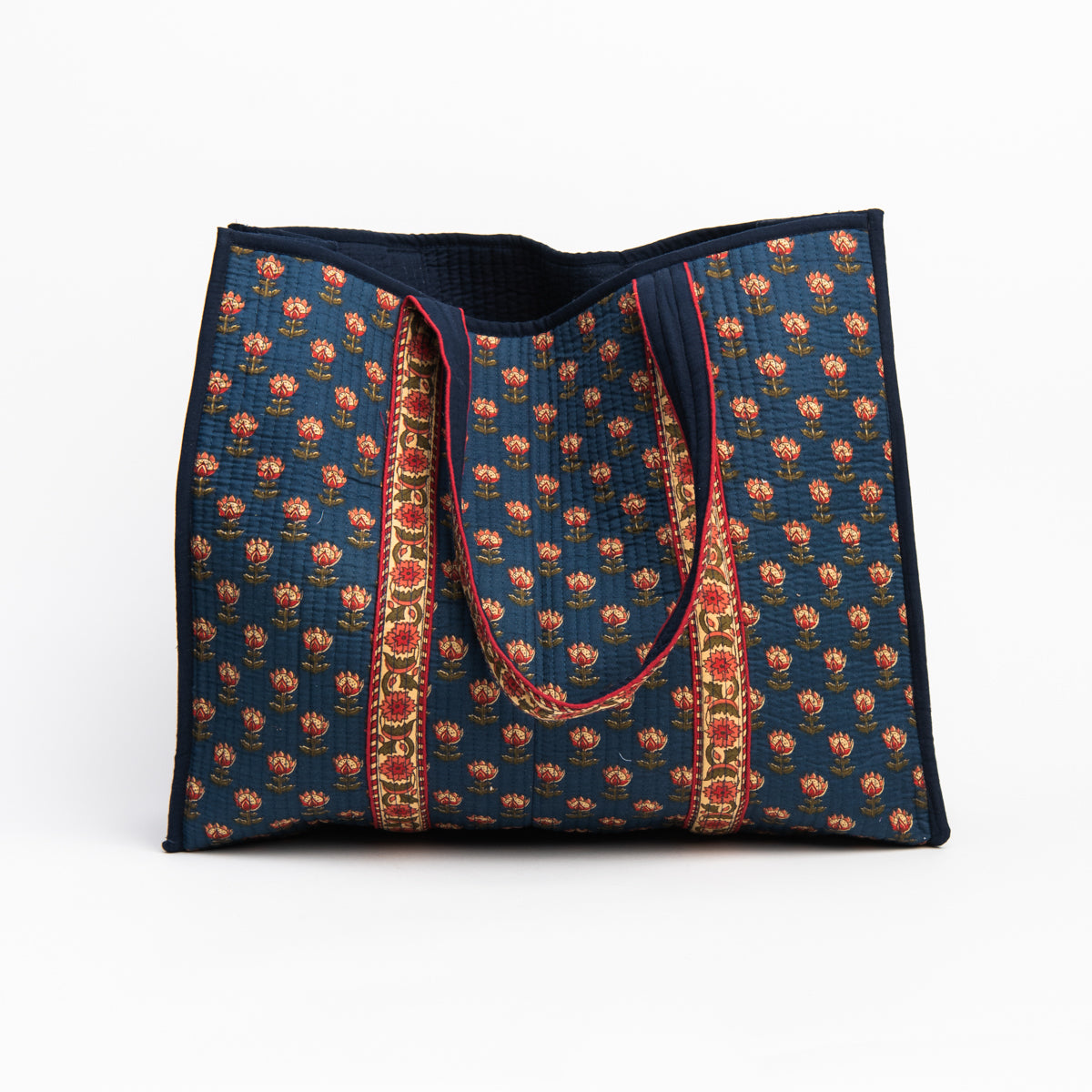 Hand Block Print Tote in Fall Navy on a white background at Addison West