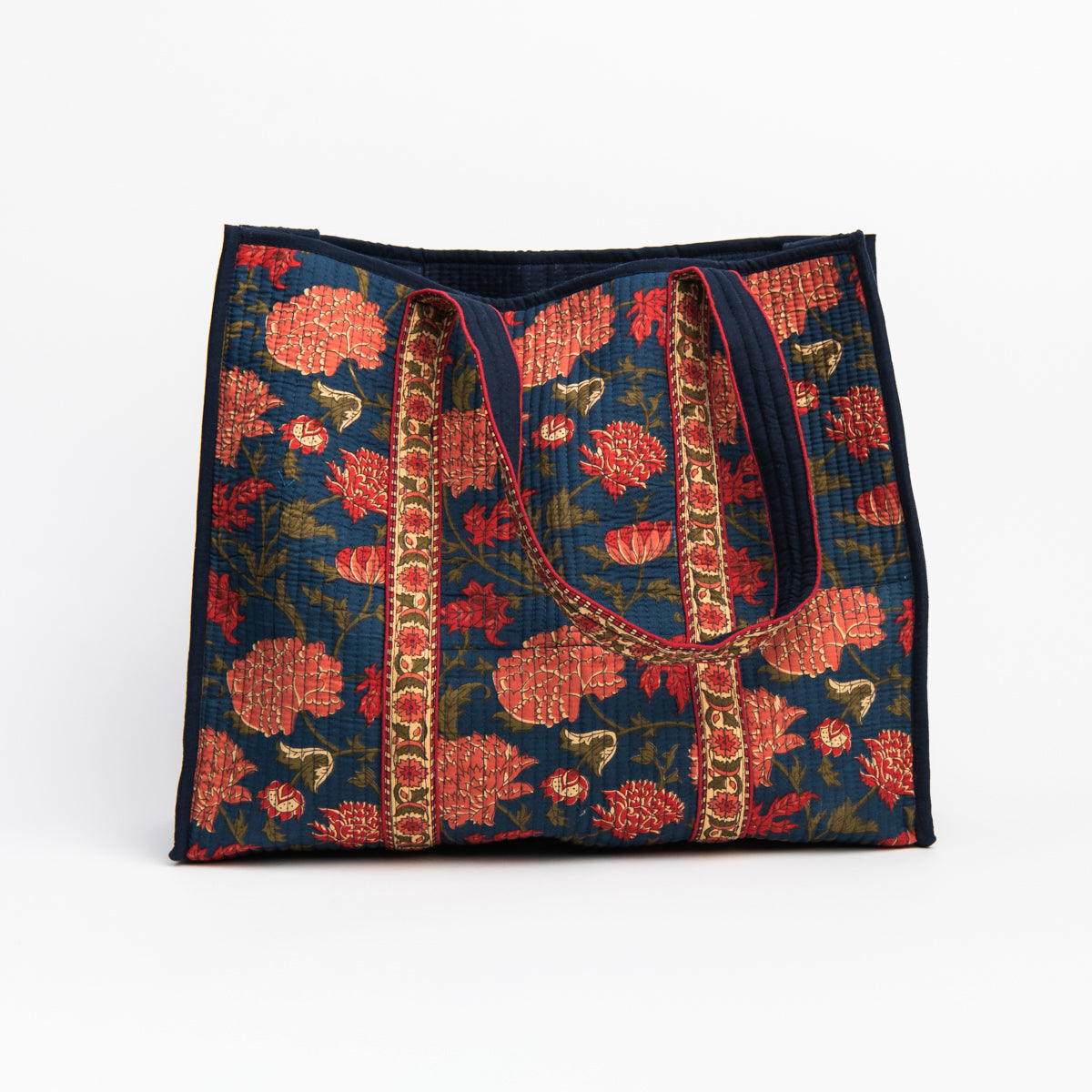 Hand Block Print Tote in Fall Navy on a white background at Addison West