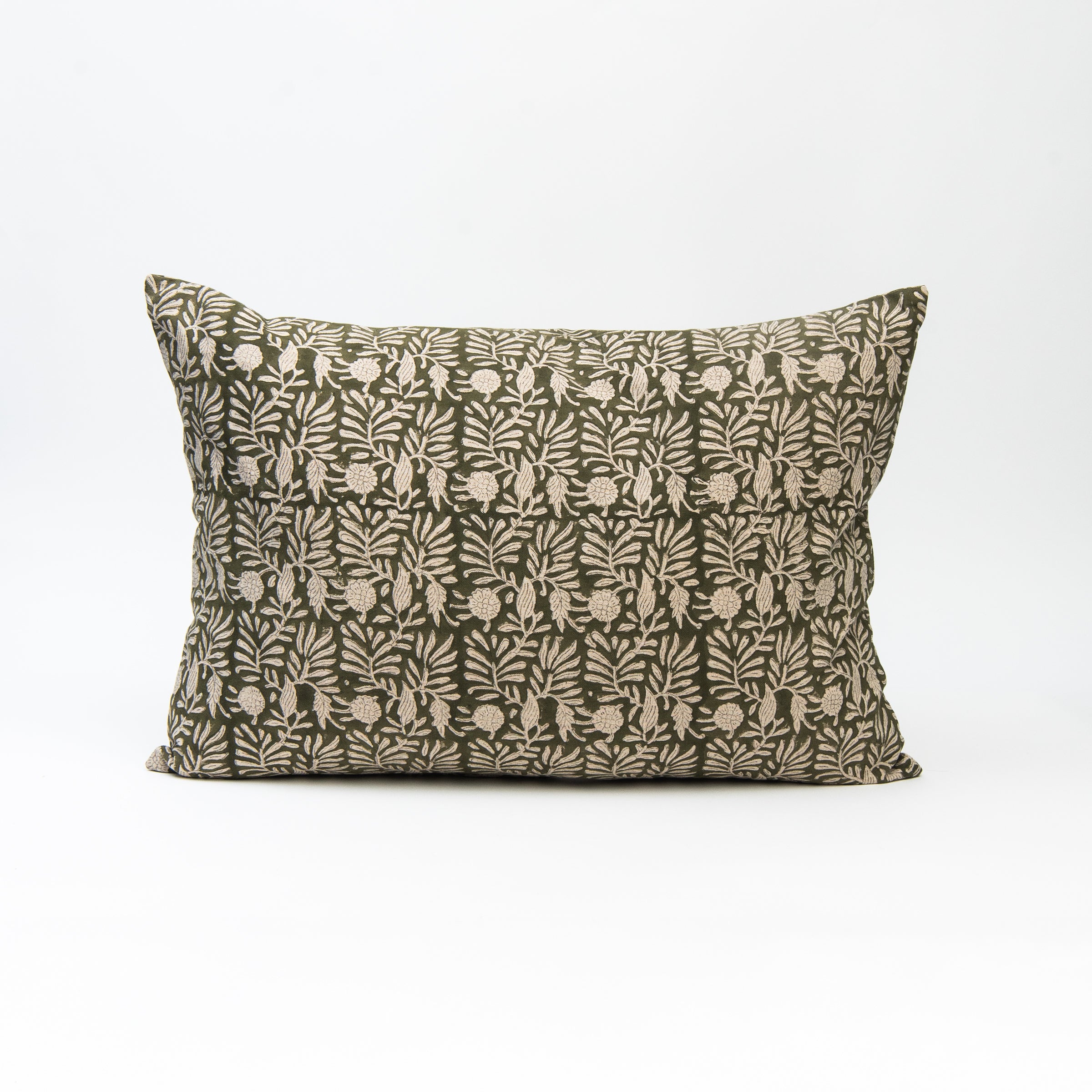 Tulsi Block Print Pillow in Forest, 16"x24" on a white background at Addison West