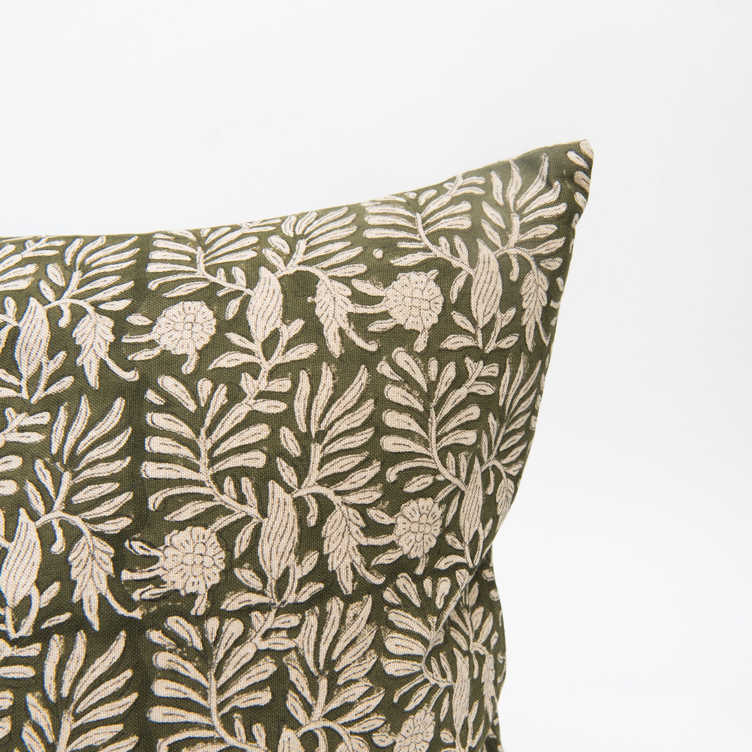 Close up of Tulsi Block Print Pillow in Forest, 16"x24" on a white background at Addison West