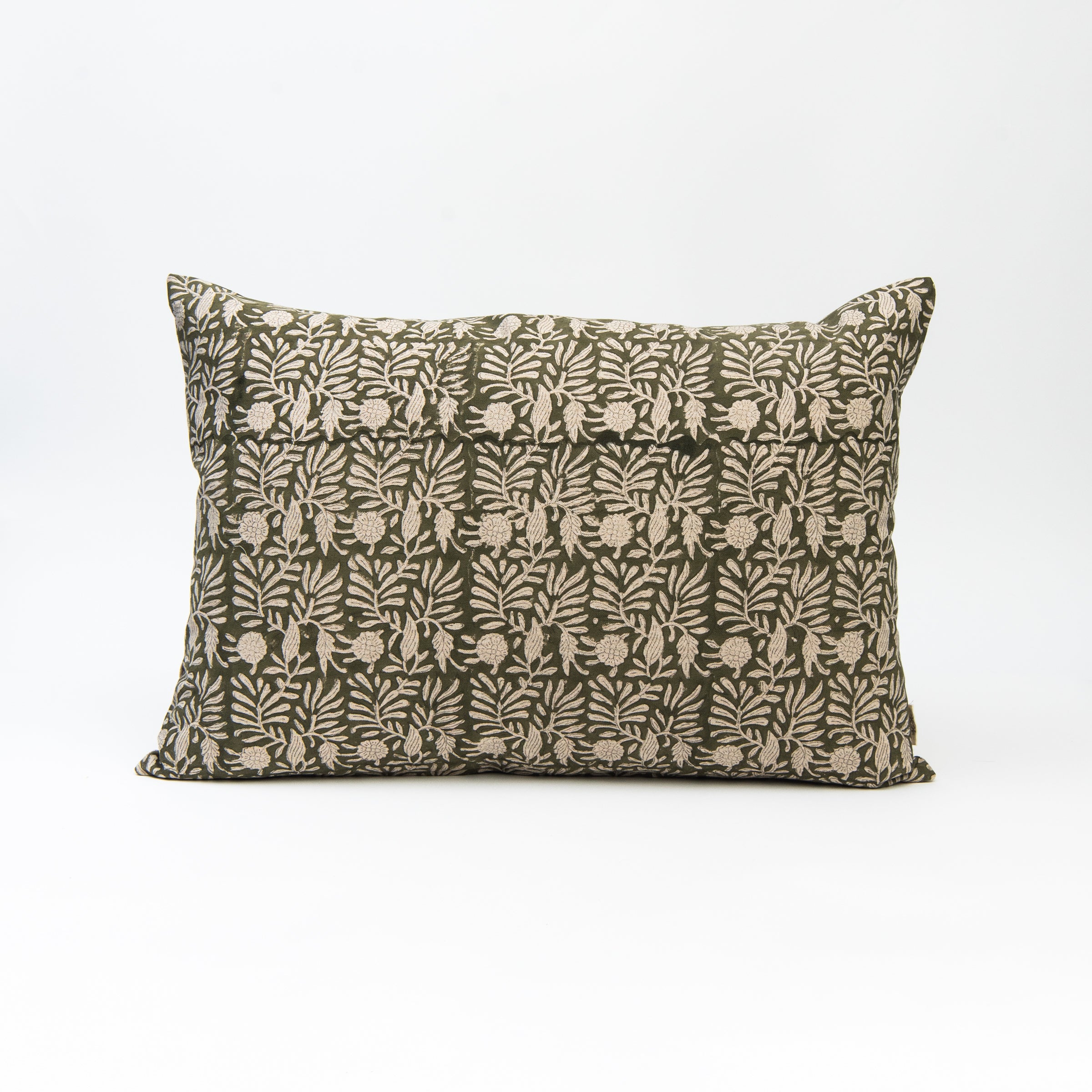 Tulsi Block Print Pillow in Forest, 16"x24" on a white background at Addison West