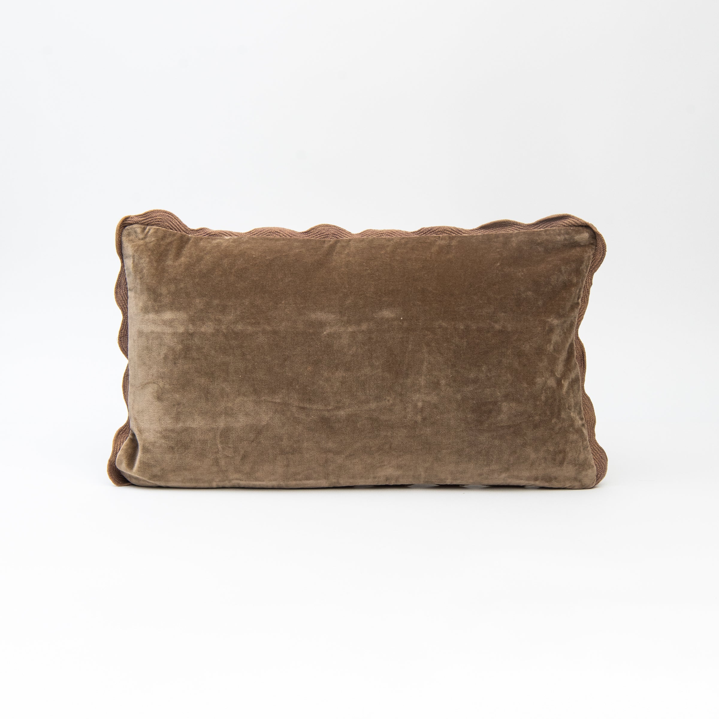 Velvet Scalloped Edge Pillow in Mink, 21"x12" on a white background at Addison West