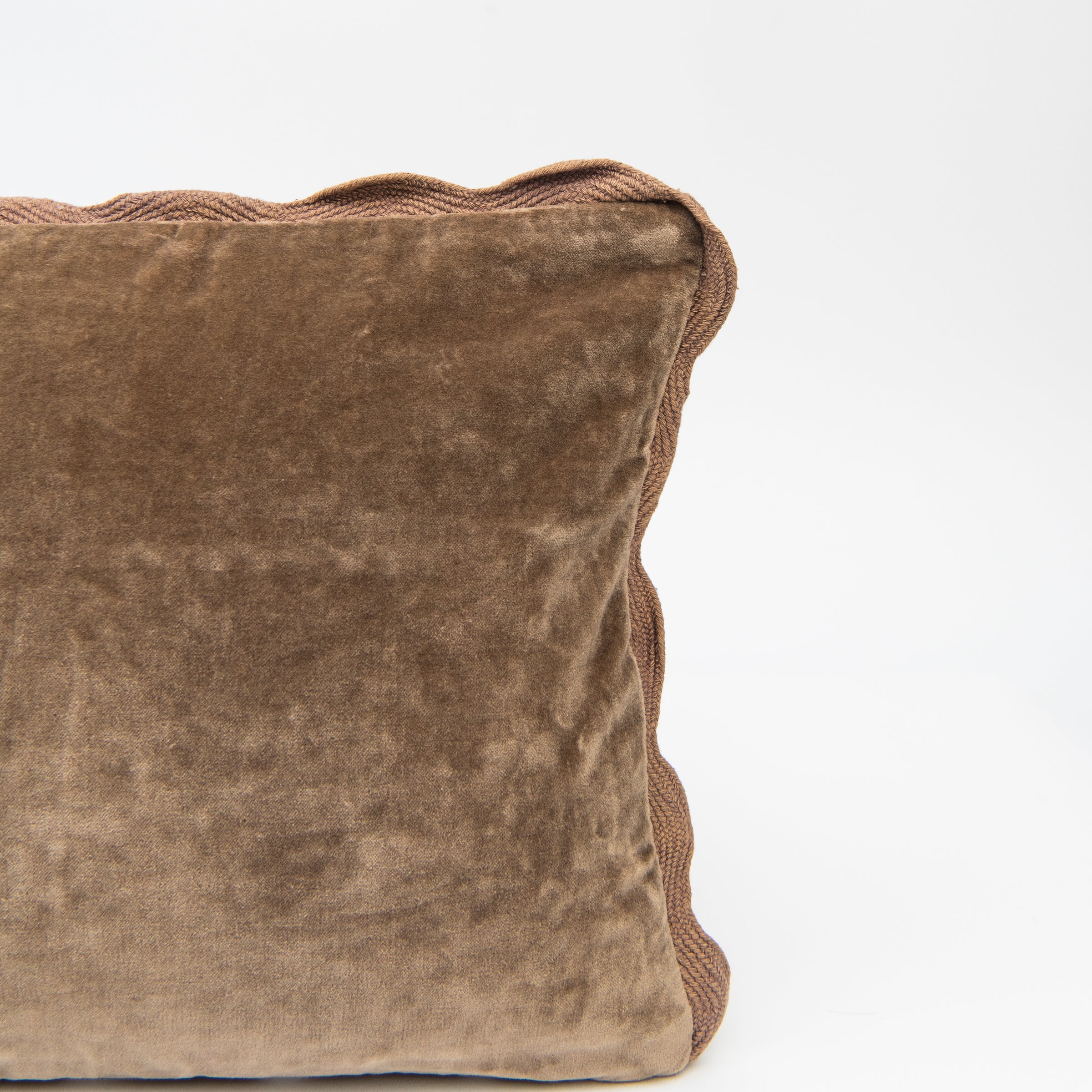 Close up of Velvet Scalloped Edge Pillow in Mink, 21"x12" on a white background at Addison West