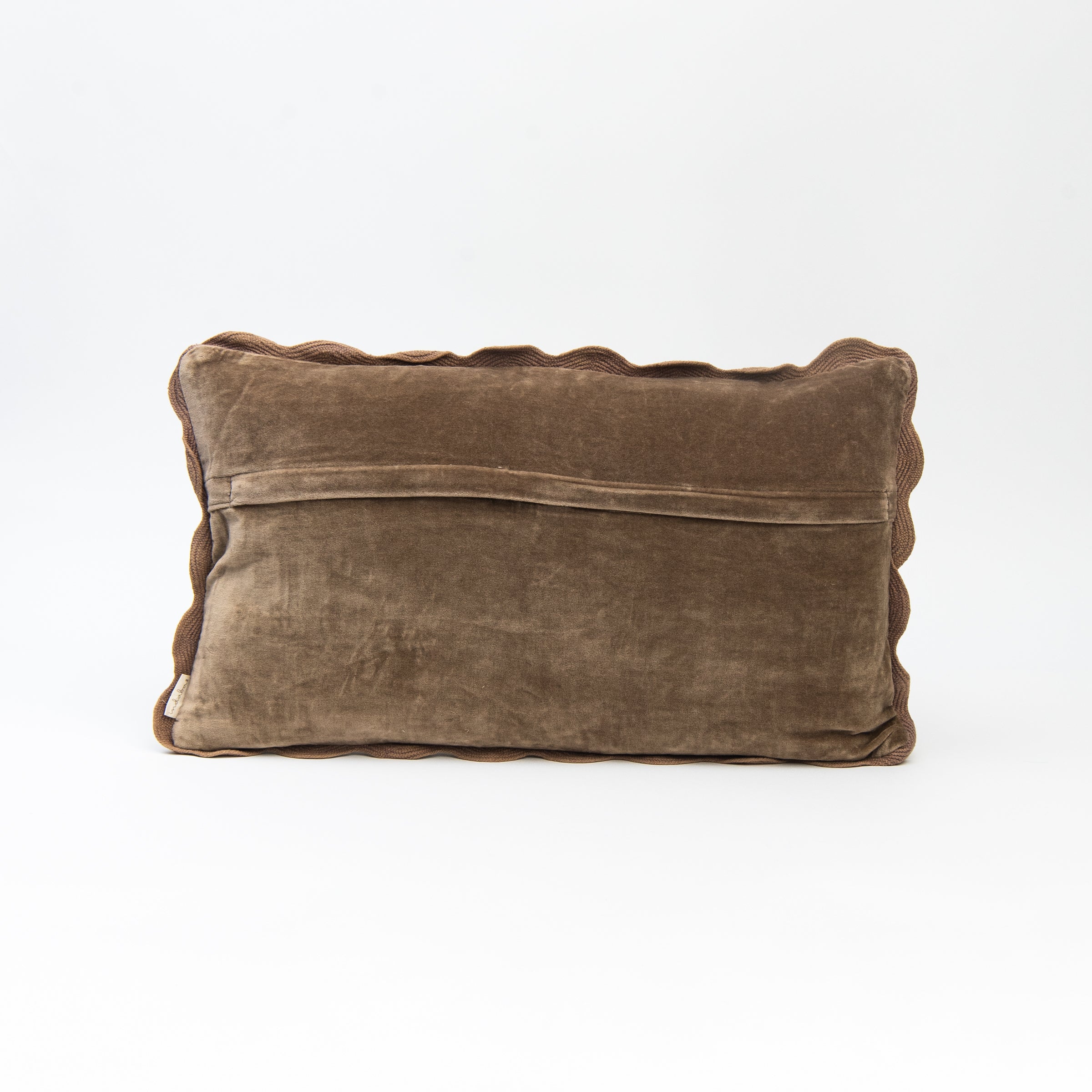 Back of Velvet Scalloped Edge Pillow in Mink, 21"x12" on a white background at Addison West