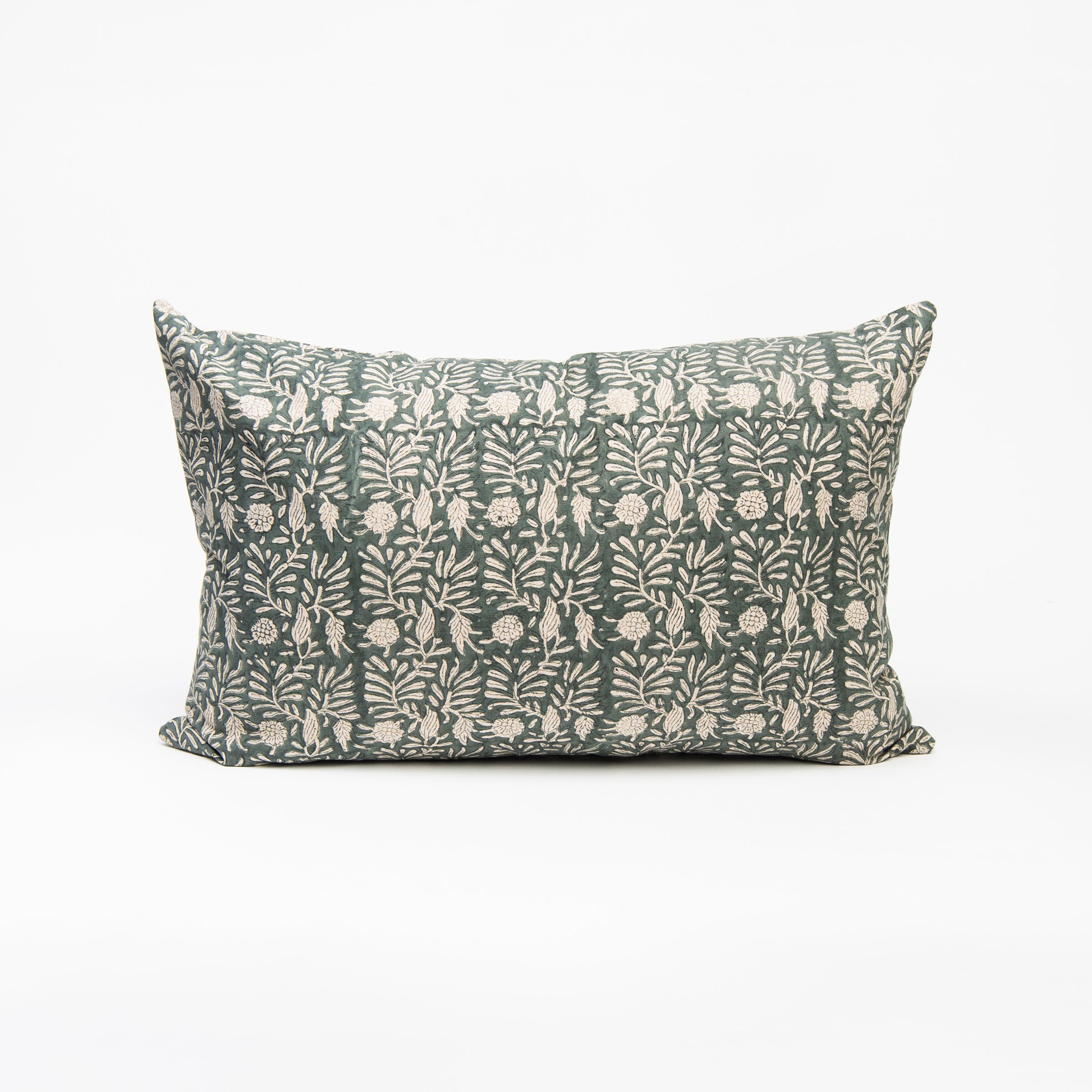 Tulsi Block Print Pillow in Deep Sea, 16"x24" on a white background at Addison West