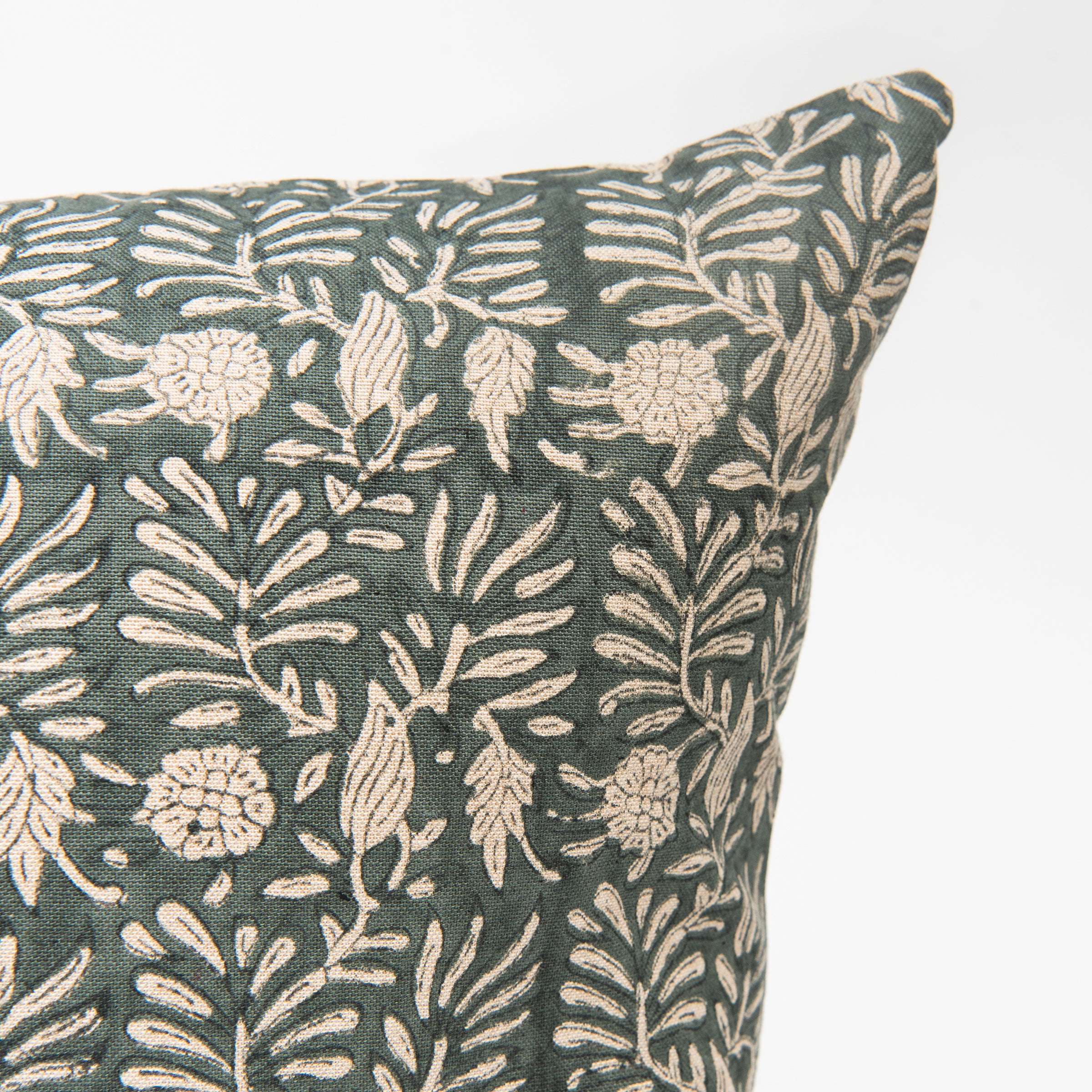 Close up of Tulsi Block Print Pillow in Deep Sea, 16"x24" on a white background at Addison West