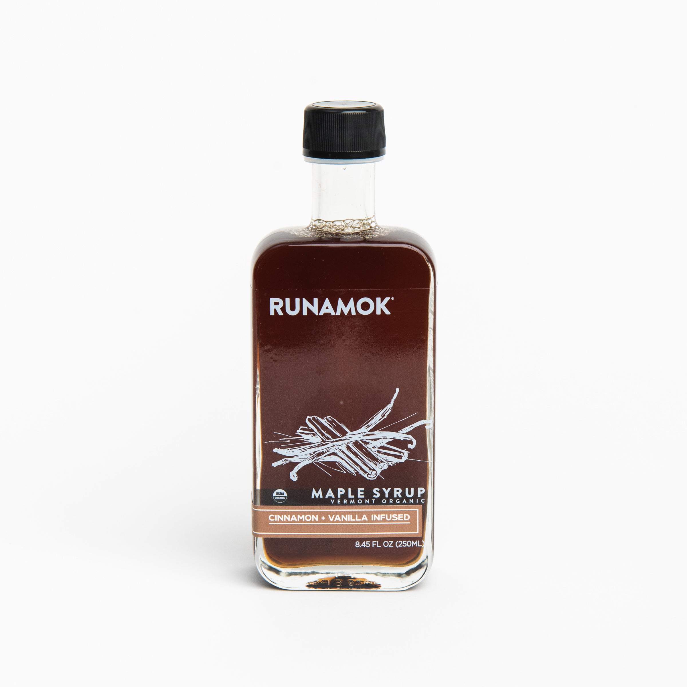 Runamok Cinnamon & Vanilla Infused Maple Syrup on a white background at Addison West