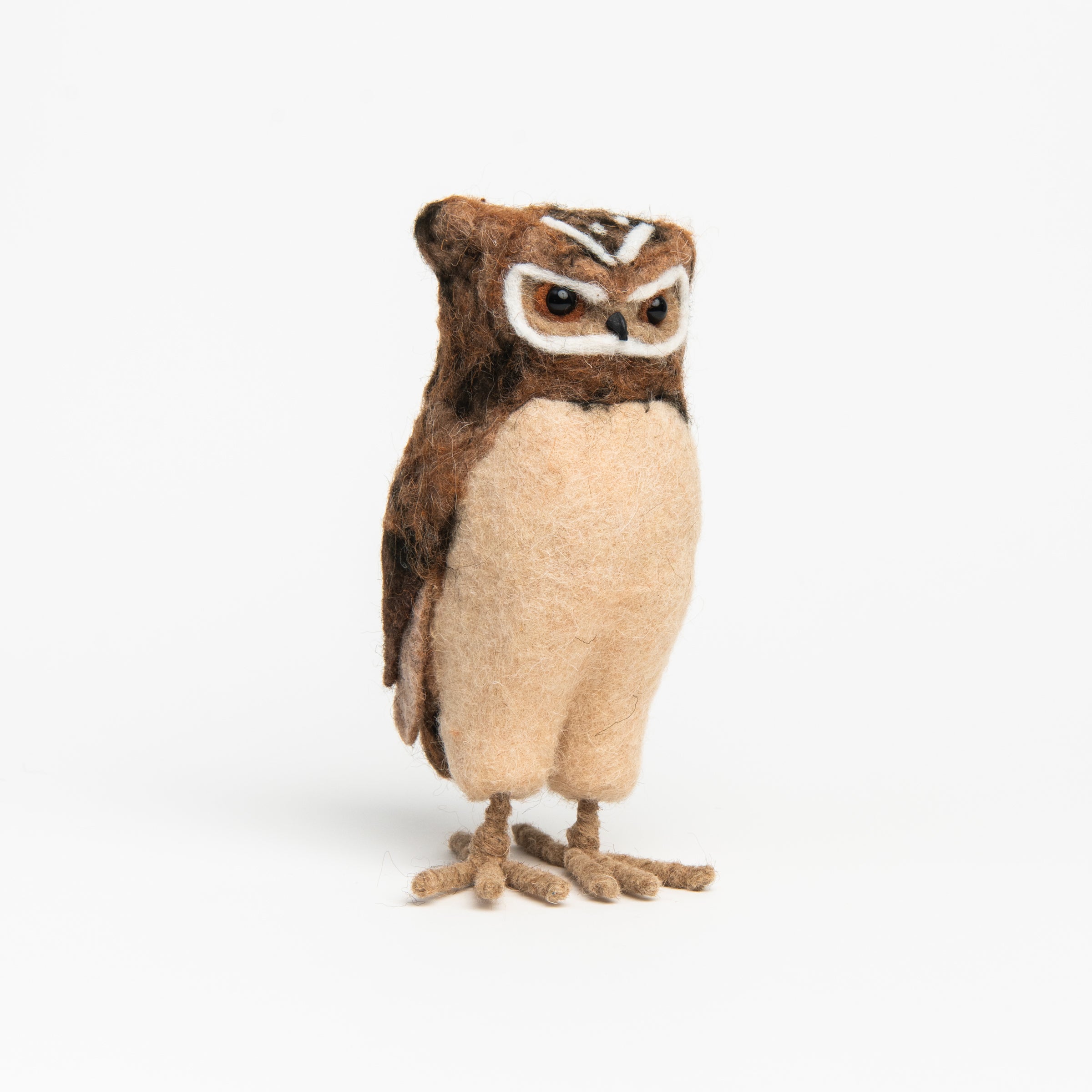 Handmade Wool Felt Burrowing Owl on a white background at Addison West