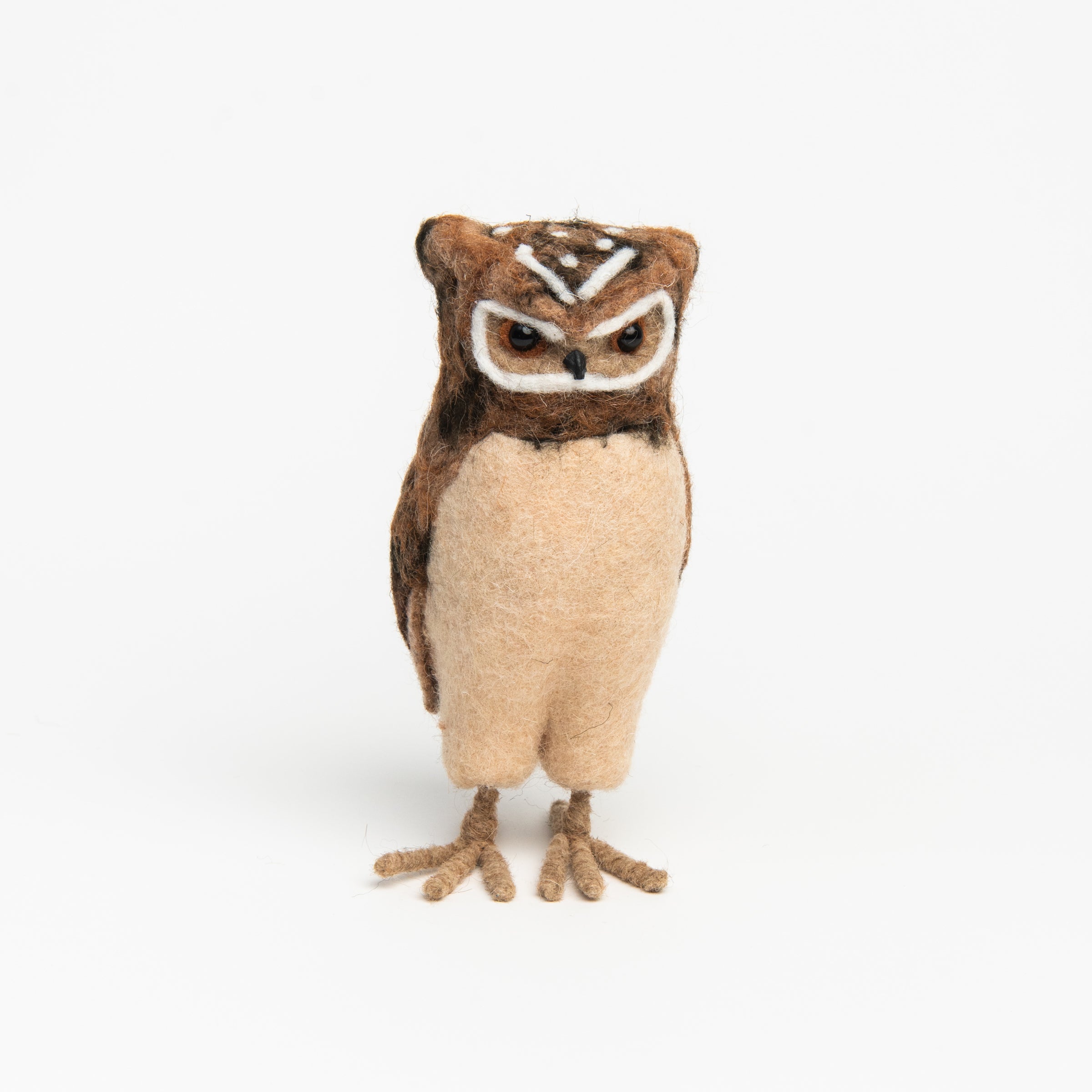 Handmade Wool Felt Burrowing Owl on a white background at Addison West