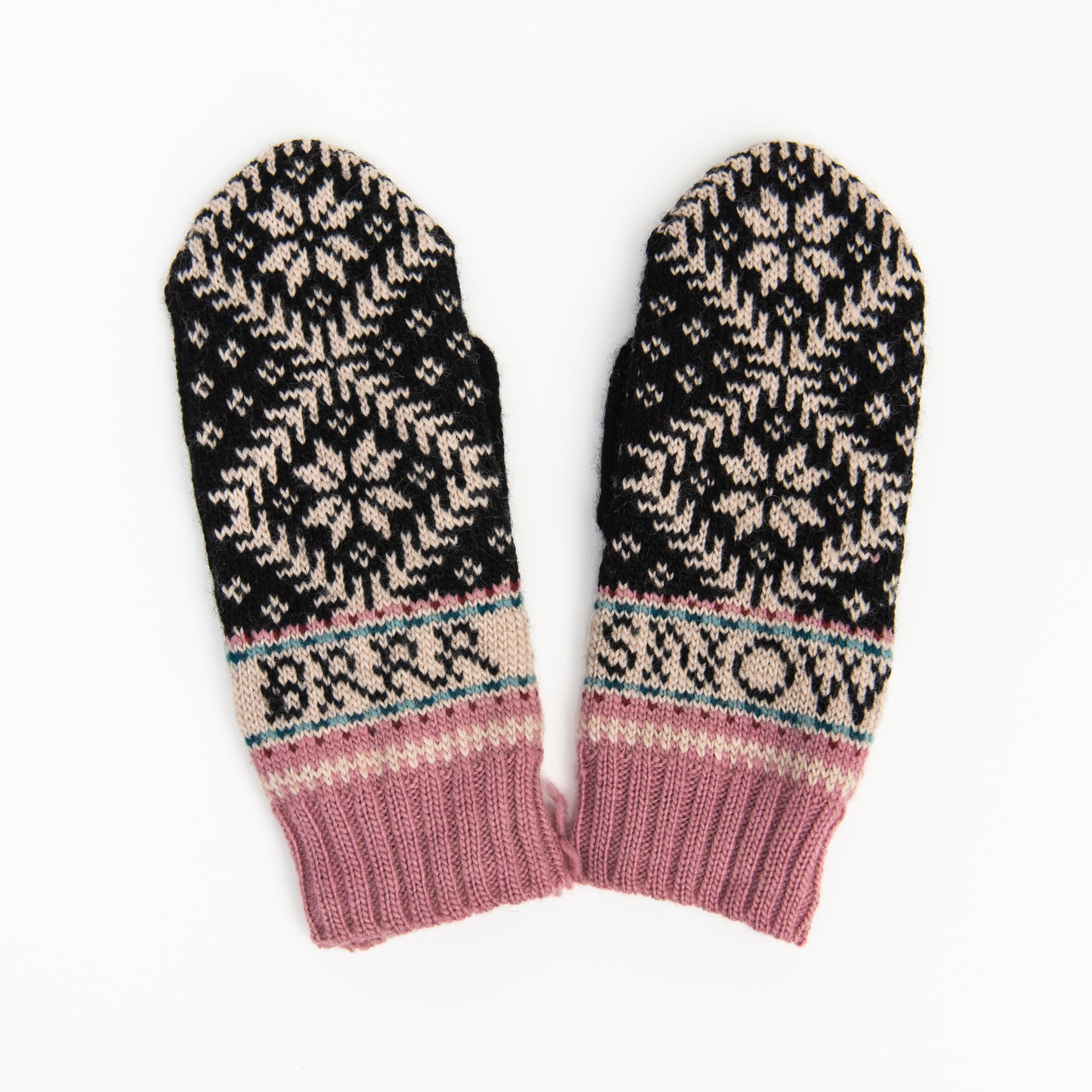 Novelty Nordic Mitten in Black & Pink on a white background at Addison West