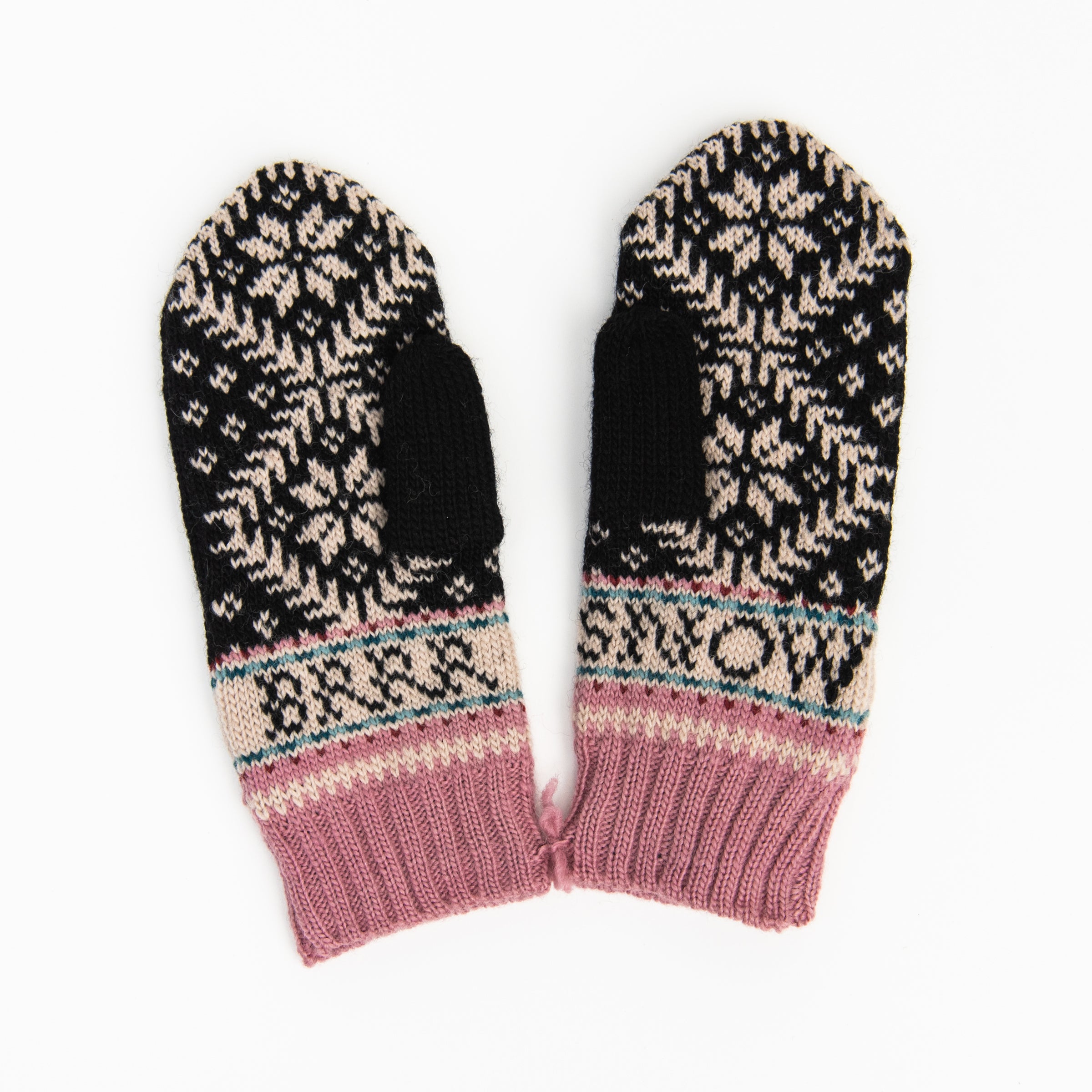 Novelty Nordic Mitten in Black & Pink on a white background at Addison West