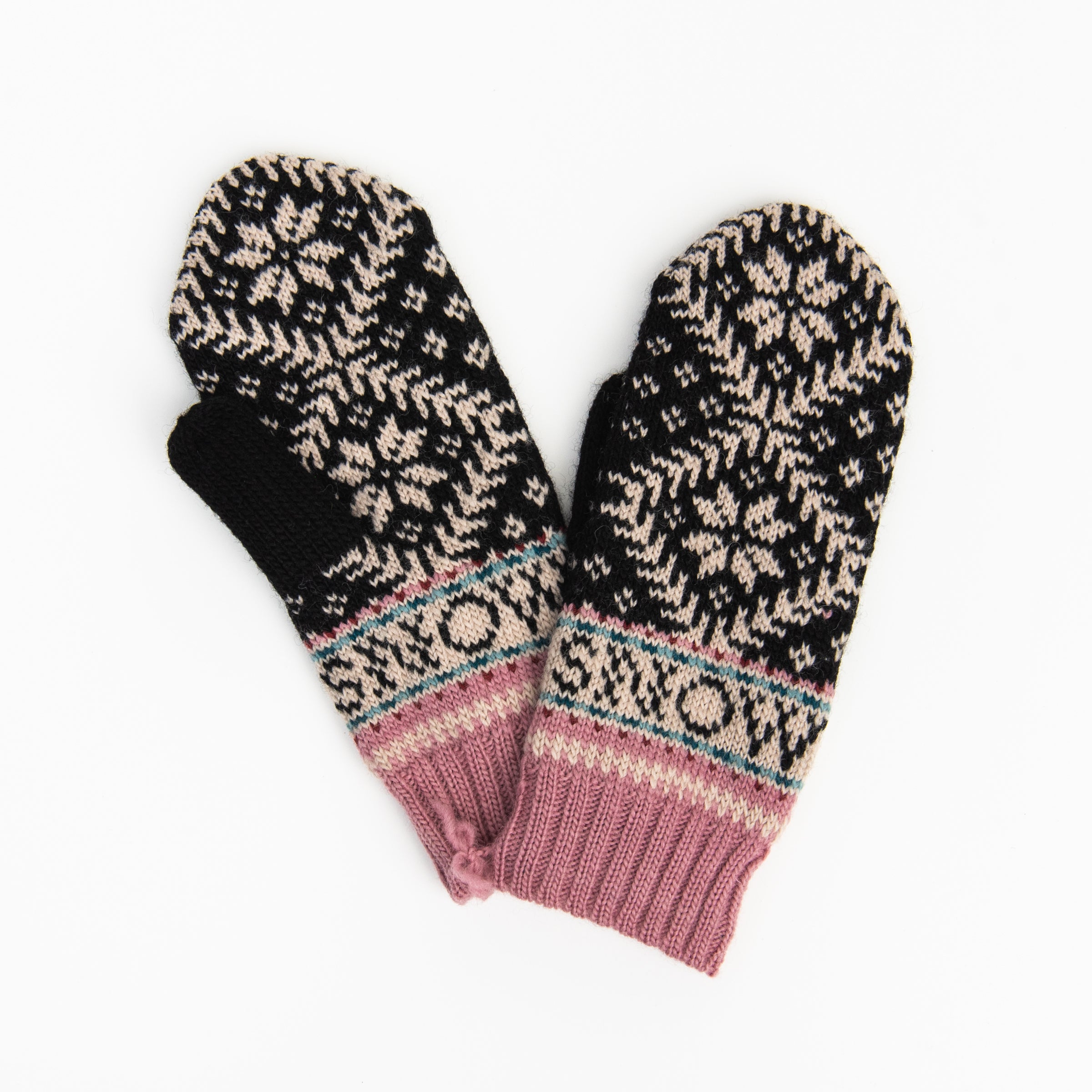 Novelty Nordic Mitten in Black & Pink on a white background at Addison West