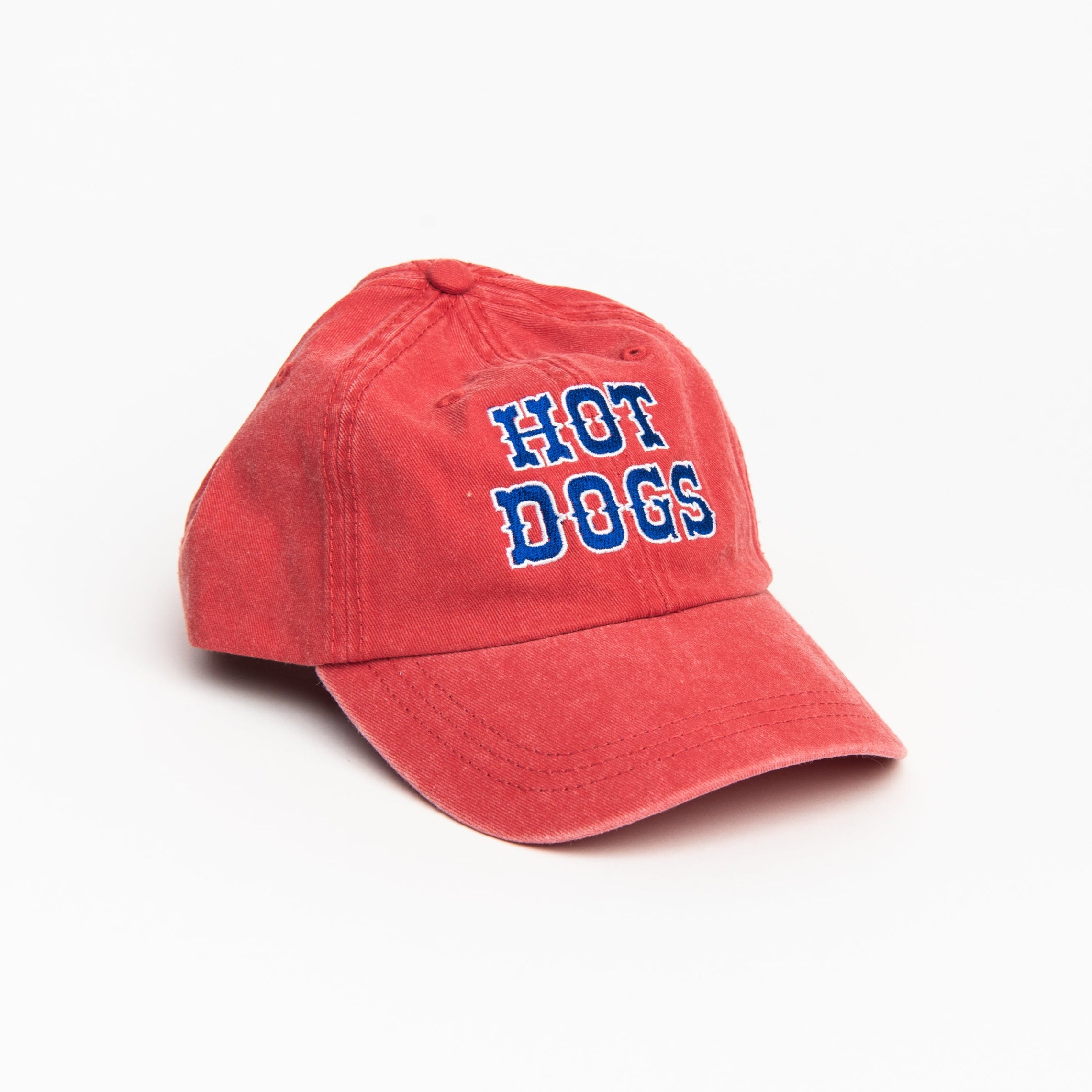 Hot Dog Baseball Hat, Red on a white background at Addison West