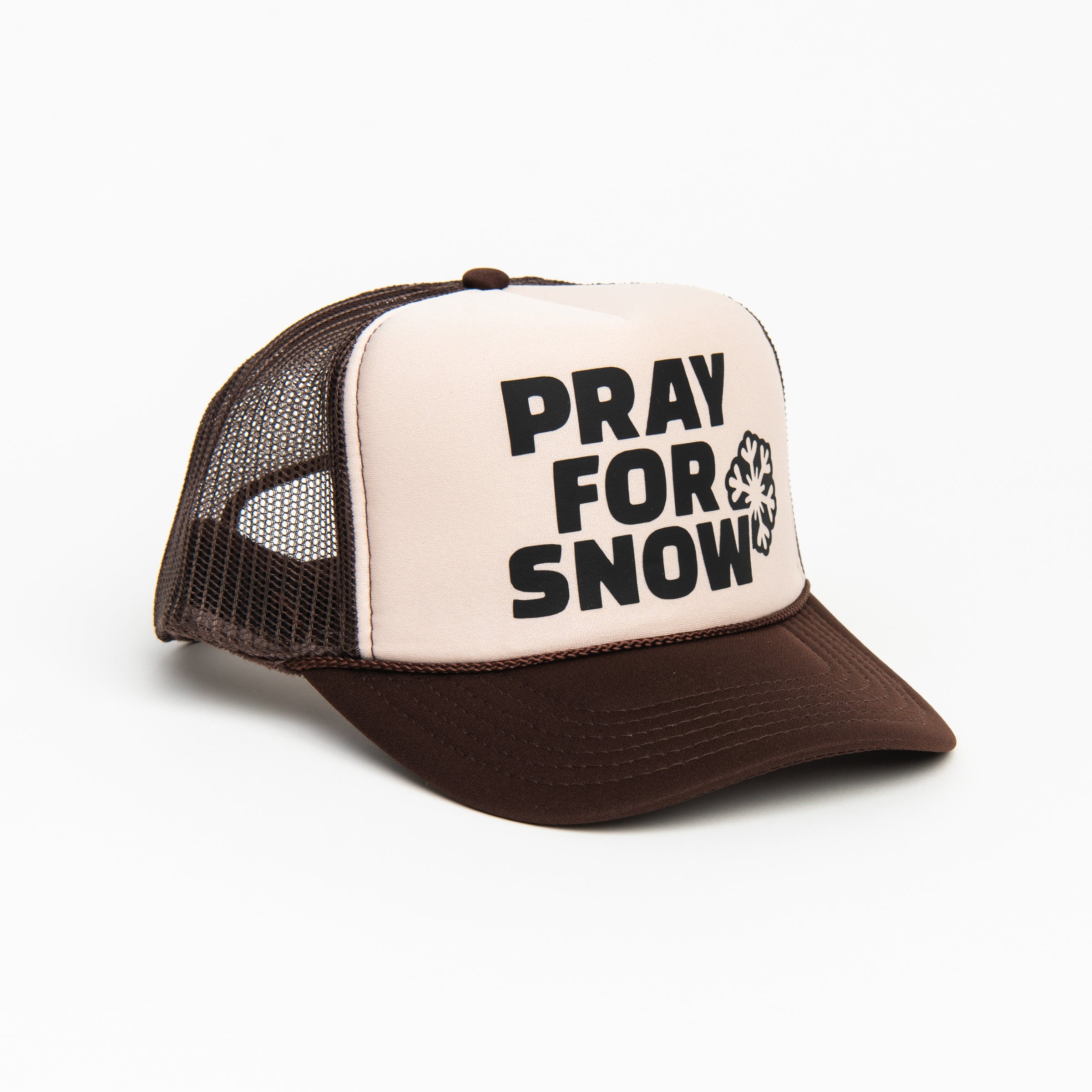 Pray For Snow Trucker Hat on a white background at Addison West