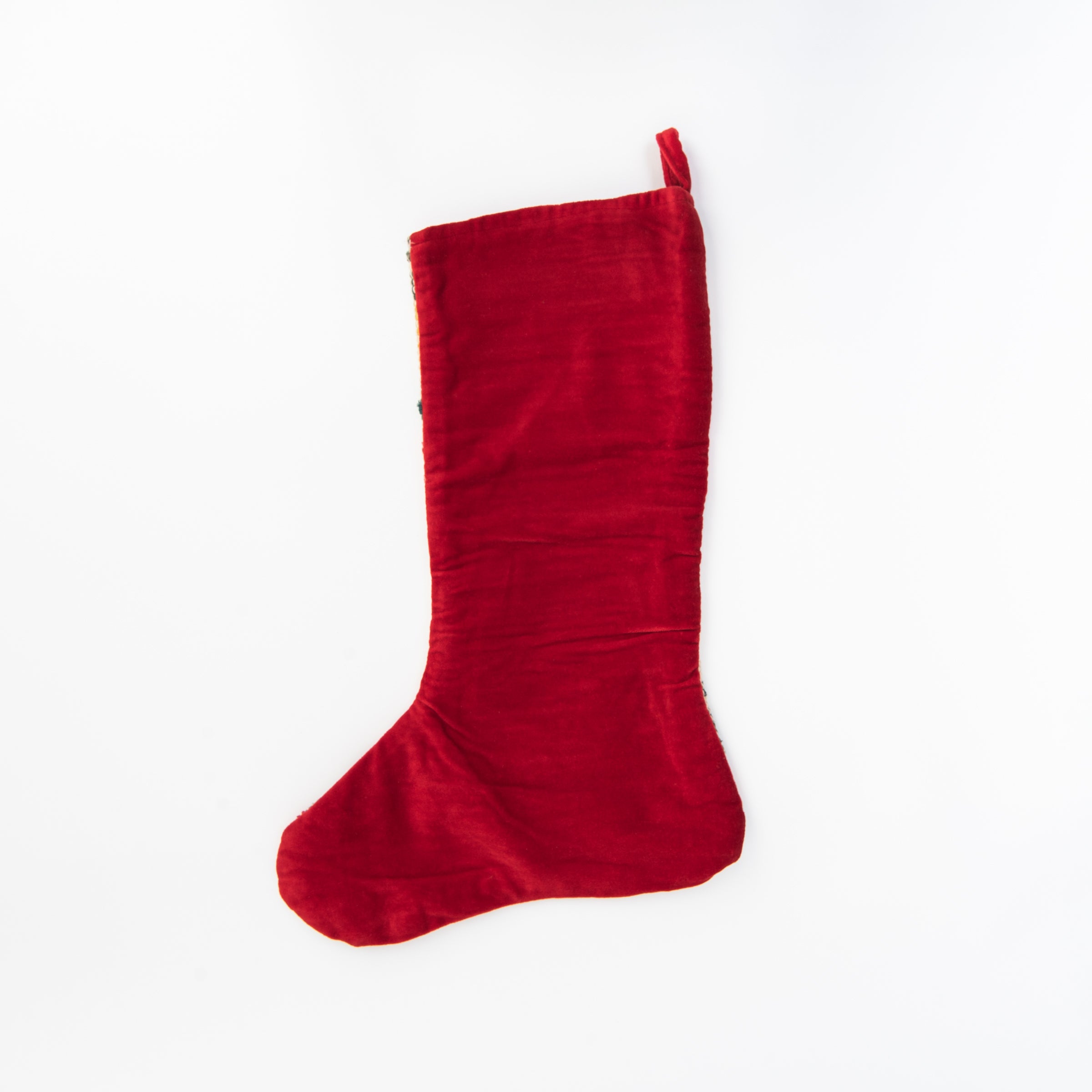 Back of Hand-Woven Plaid Stocking on a white background at Addison West