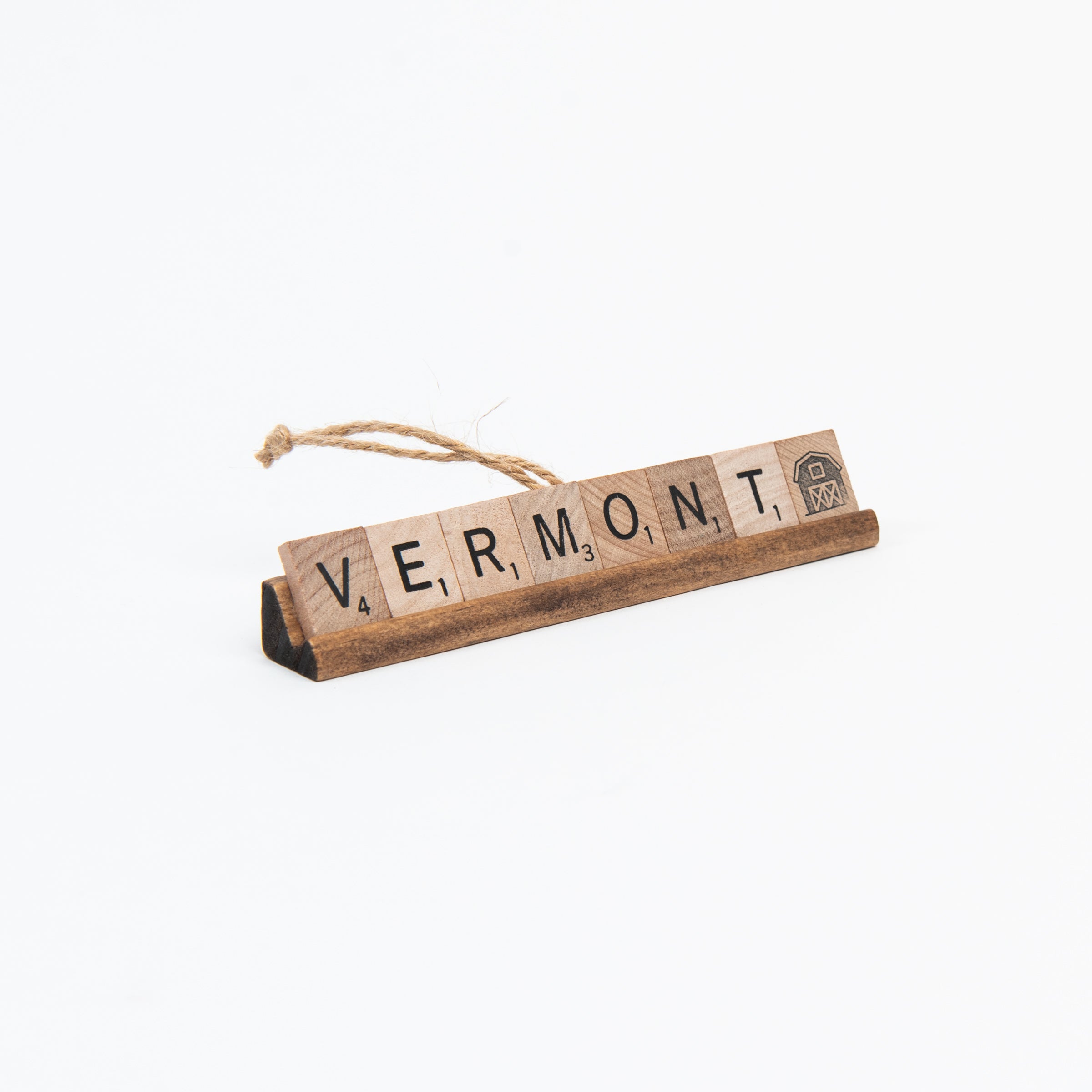 Vermont Scrabble Ornament on a white background at Addison West