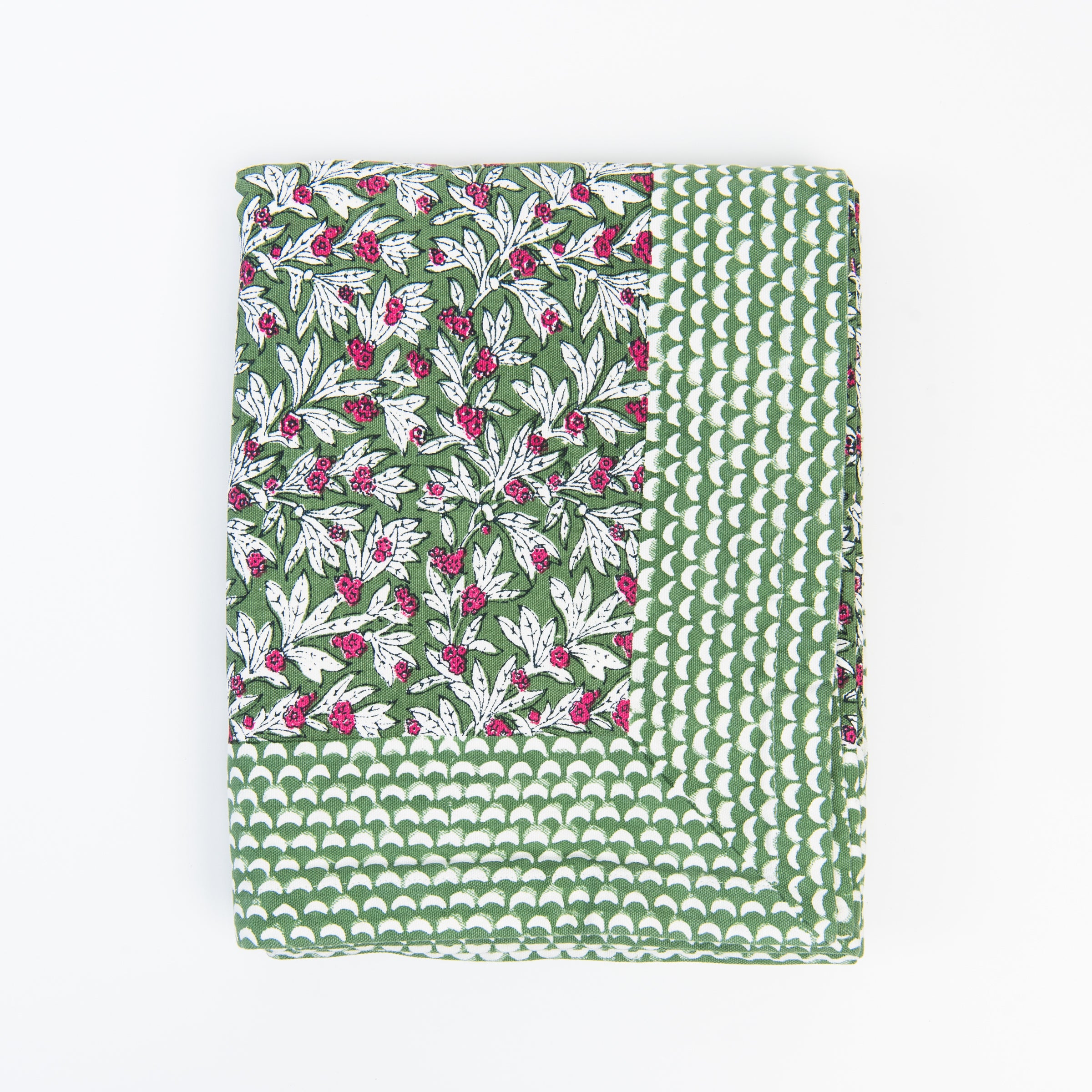 Block Print Tablecloth in Wakame Green on a white background at Addison West