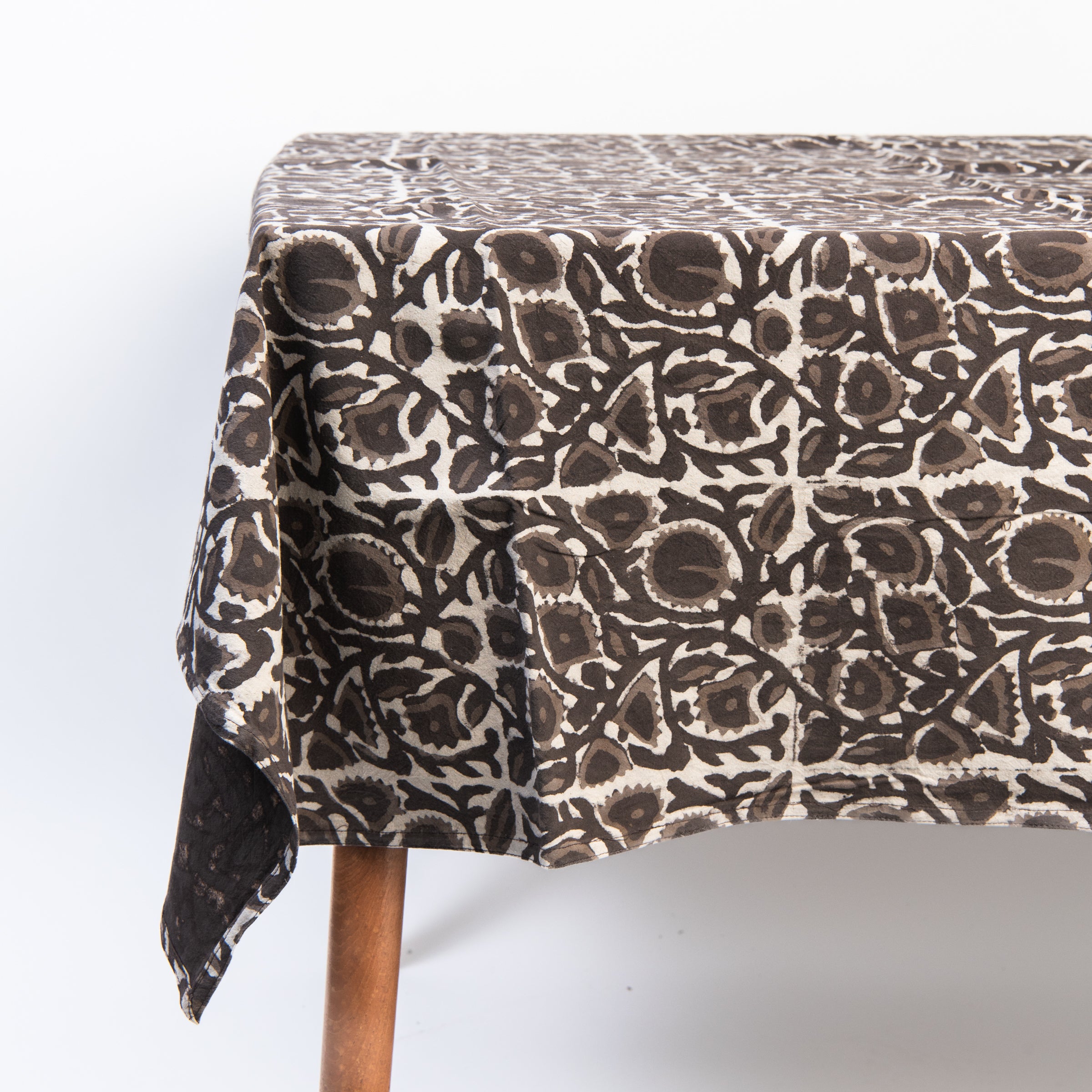 Celeste Block Print Tablecloth, 60" x 104" on a white background at Addison West