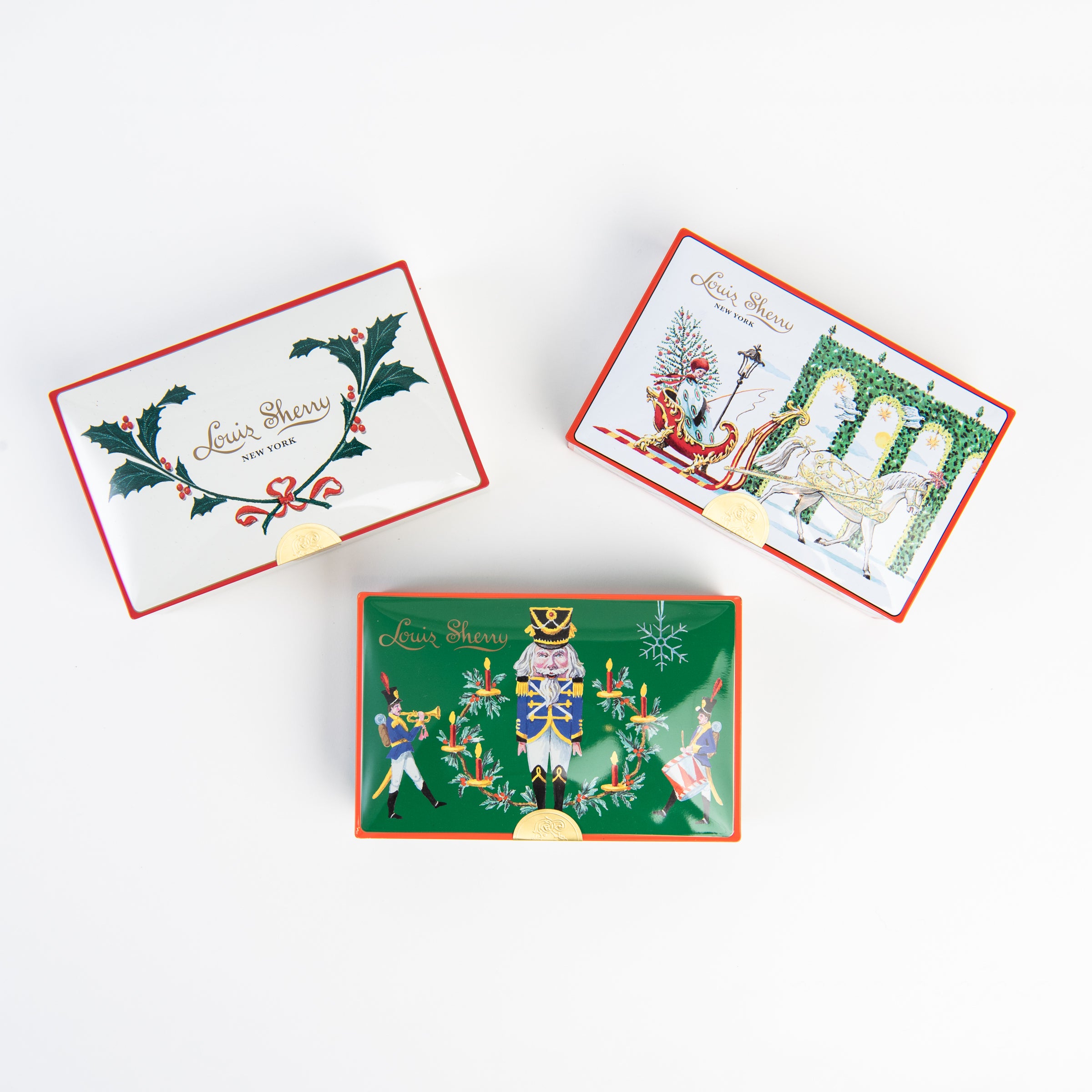 Louis Sherry Holiday Holly 12 Piece Tin on a white background at Addison West