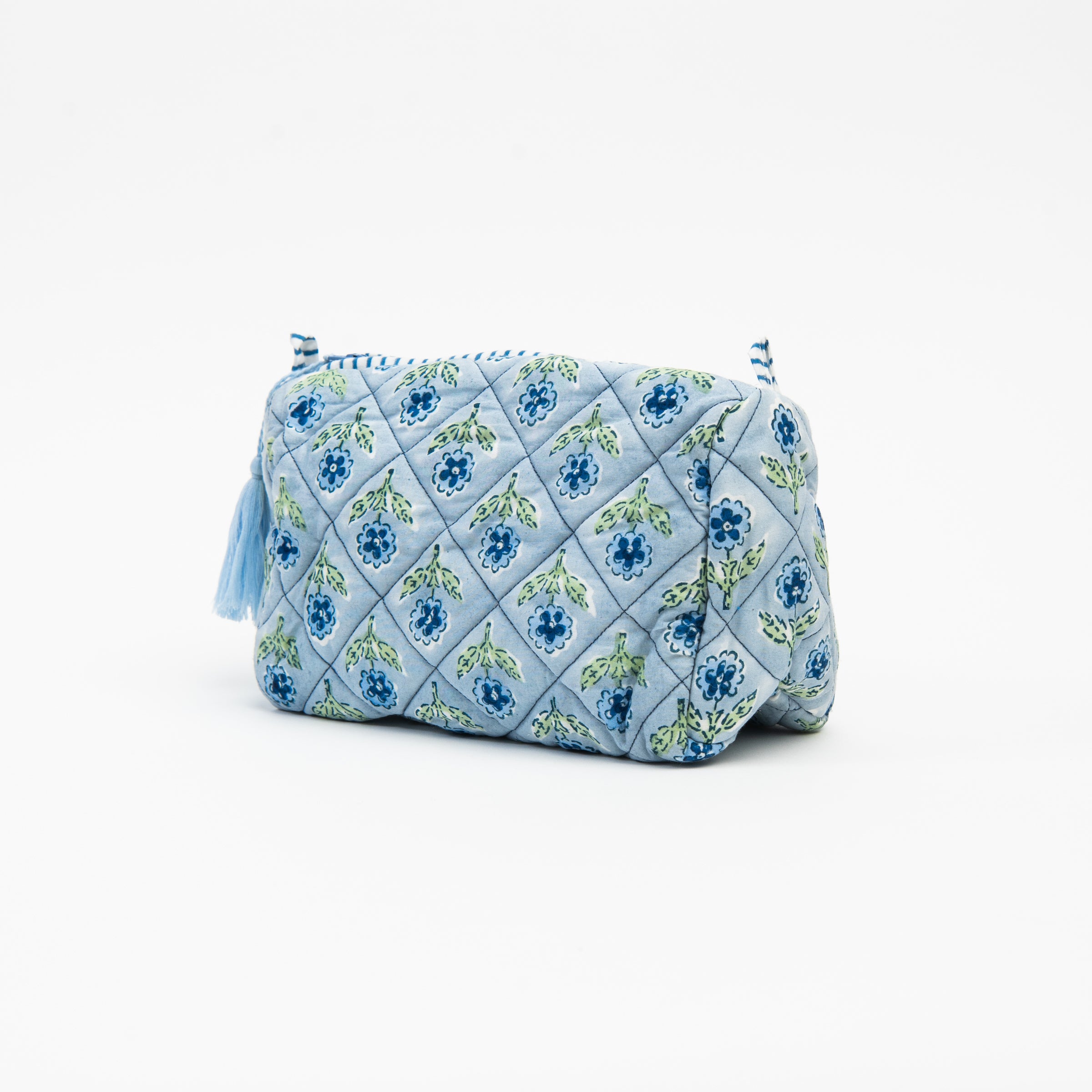 Side of Mona Print Toiletry Bag in Blue on a white background at Addison West