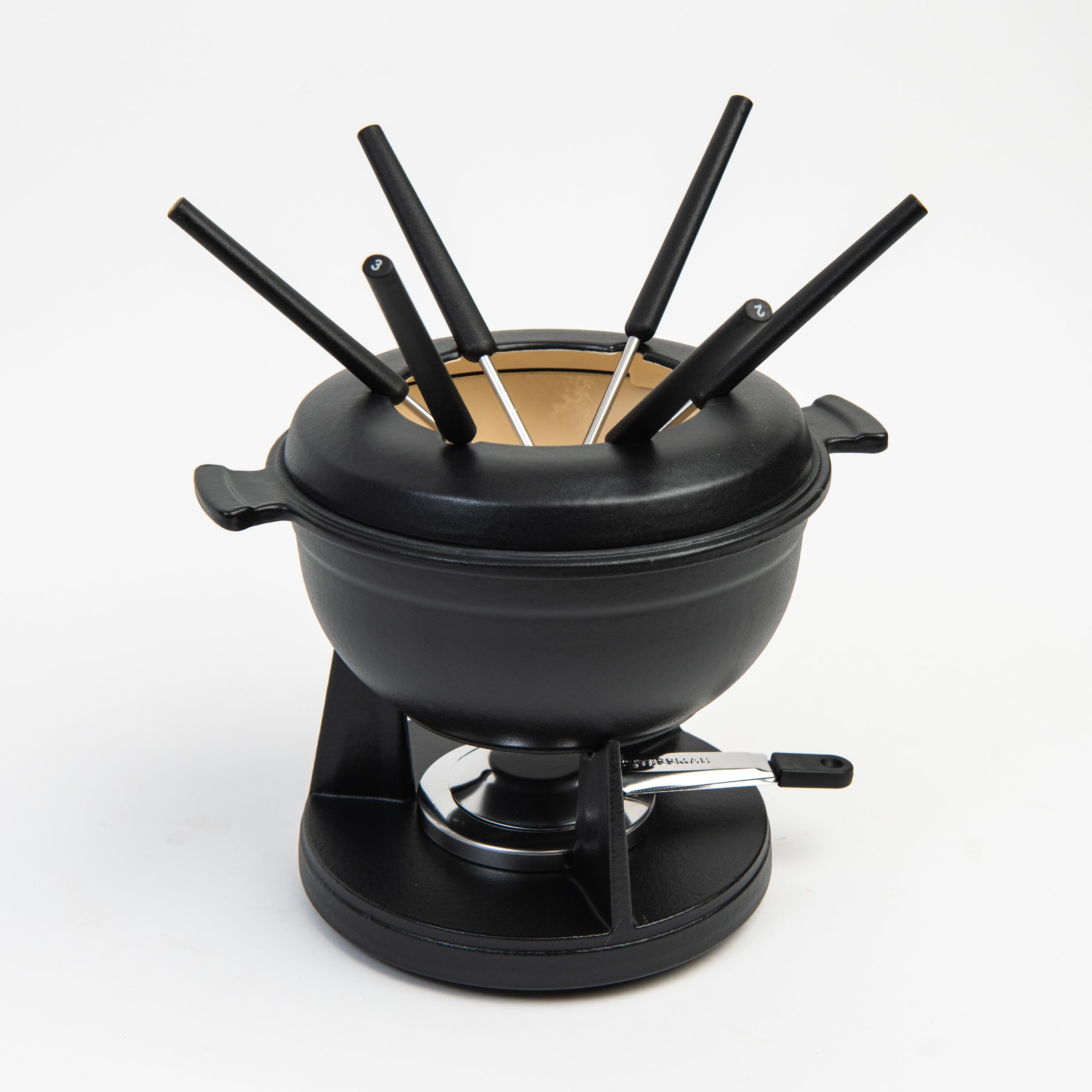 Swissmar Lucerne Cast Iron Fondue Set in Matte Black on a white background at Addison West