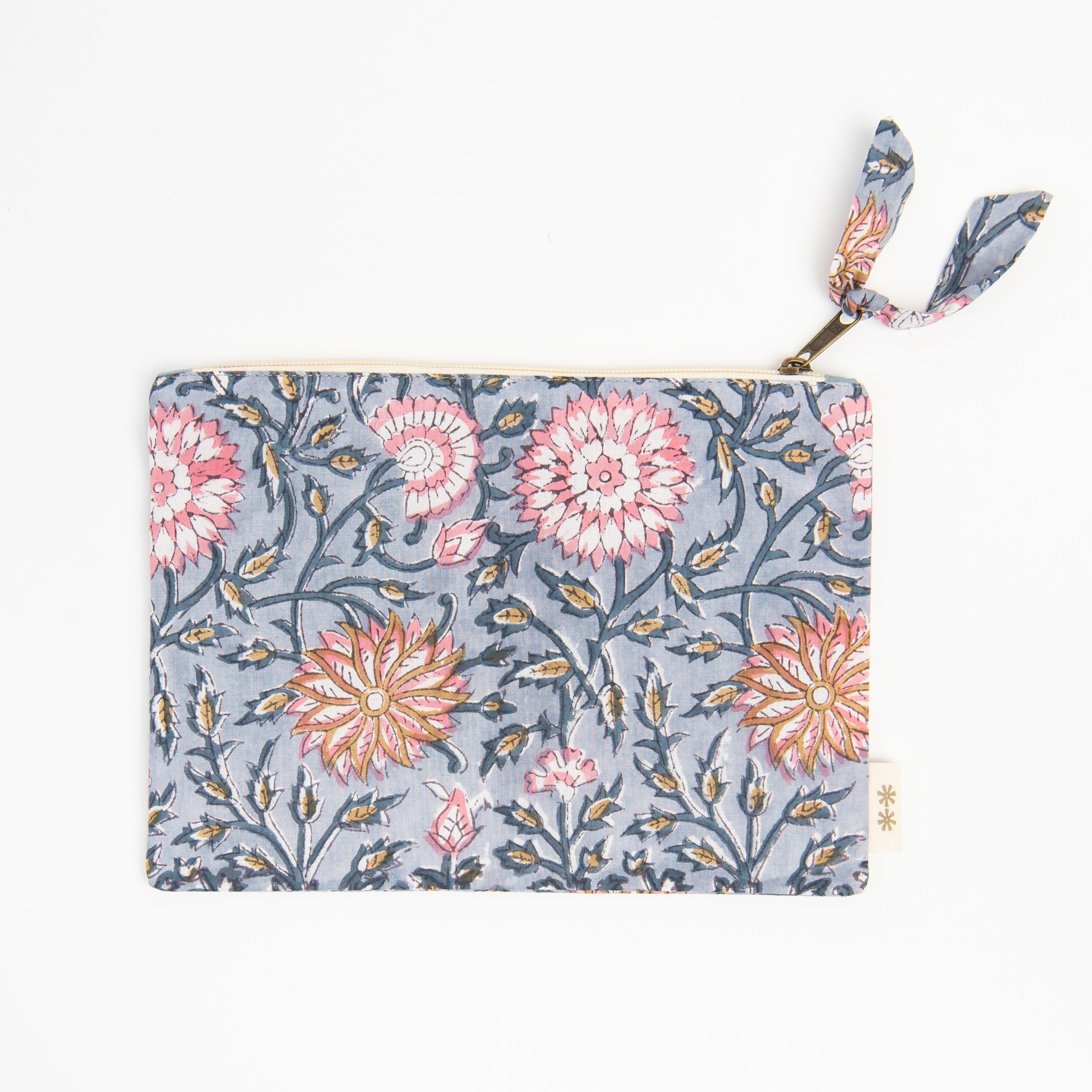 Block Print Pouch in Blue on a white background at Addison West